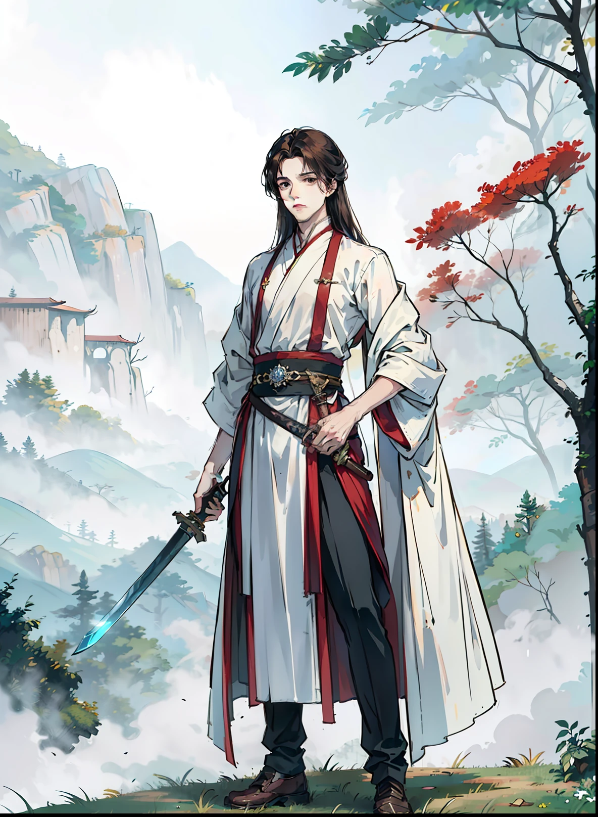 A man with a sword in both hands,Handsome guy,Antique handsome guy,1man looks handsome, Brunette hair, slong hair, Sword in both hands, in a forest, standing alone,White fog pervades,Ancient Chinese landscape background