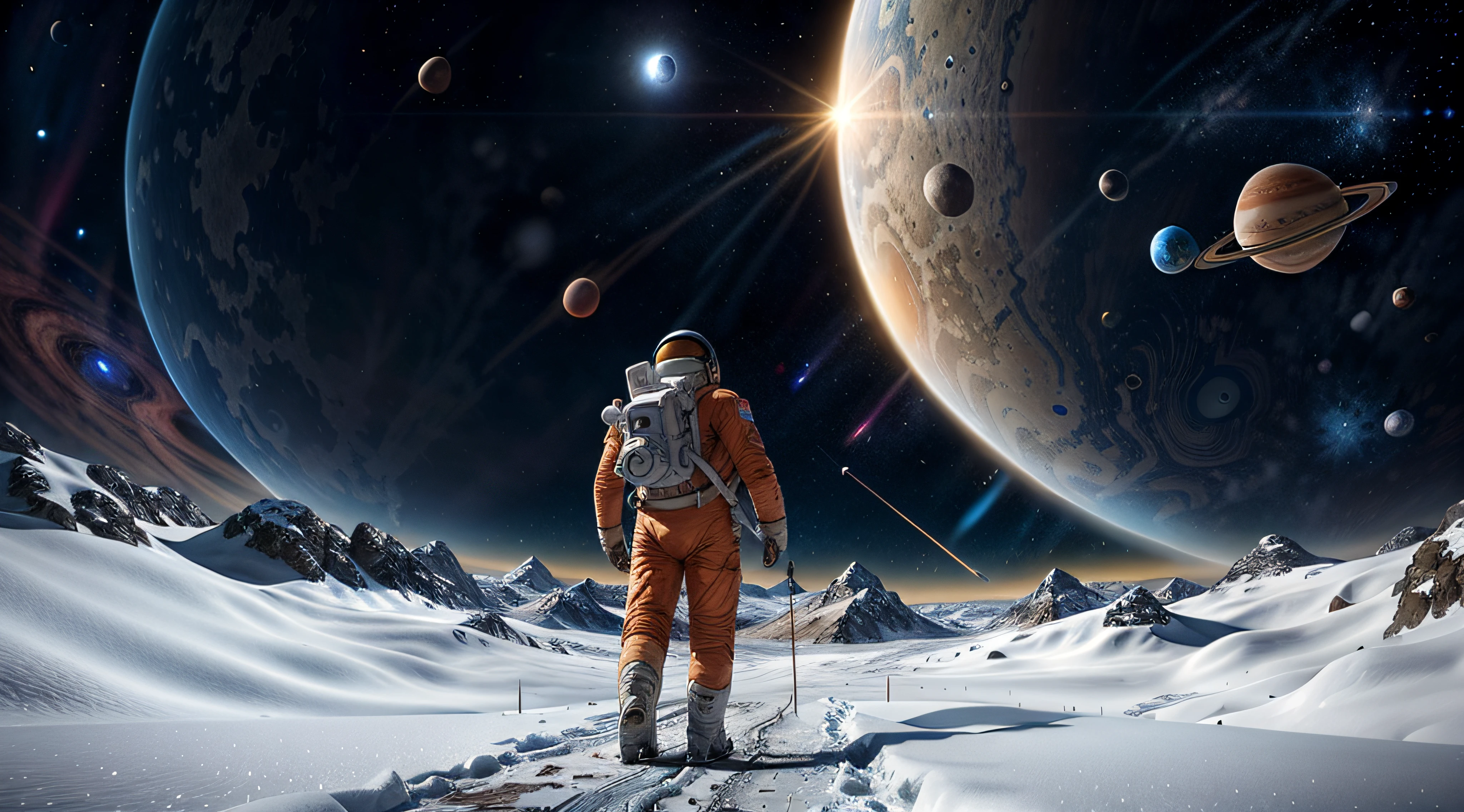 Astronauts walking on snowy surfaces，The background is planets, astronaut stranded on planet, astronaut walking, walking across ice planet, astronaut lost in liminal space, sci-fi space game art, epic fantasy sci fi illustration, space sci - fi, standing in the solar system, astronaut in space, space landscape, inspired by Scott Listfield, scene in space，alien planet，snowy mountains，noon，Big Sun，Orange spacesuit，An astronaut on horseback，Side to back，ice cubes，Bright ground，Dark sky，The planet of the rings，Real light and shadow，high resolutions，hyper detailed，Realistic texture，Bold textures，Crazy textures,