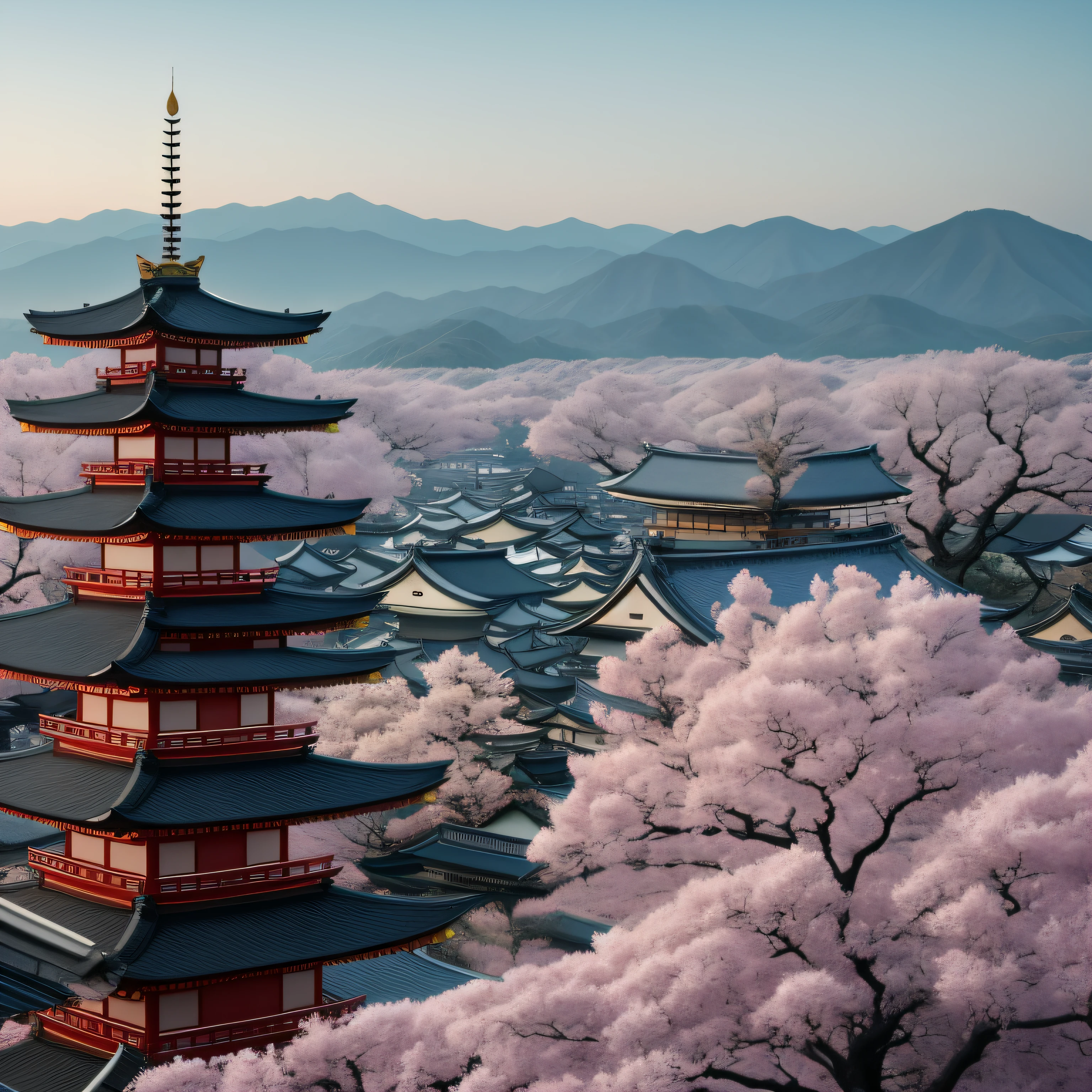 arafed view of a city with a pagoda in the distance, kyoto, kyoto japan setting, kyoto inspired, japanese city, by Torii Kiyomasu, edo japan, by Torii Kiyomasu II, like kyoto, cosmology of kyoto landscape, japanese town, inspired by Torii Kiyomasu, inspired by Torii Kiyomasu II,real,32k