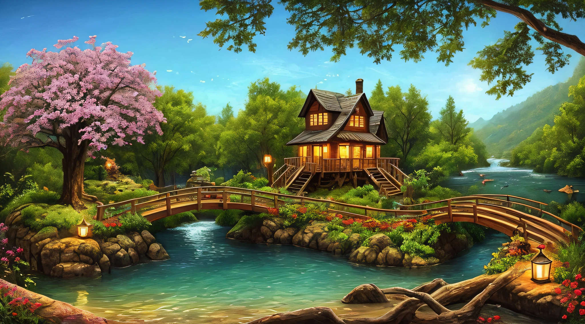 The best quality, masterpieces, beautiful wild and natural fantasy landscapes with glowing lights, clear spring waterfalls, tree houses, paths, bridges, glowing fruits on trees