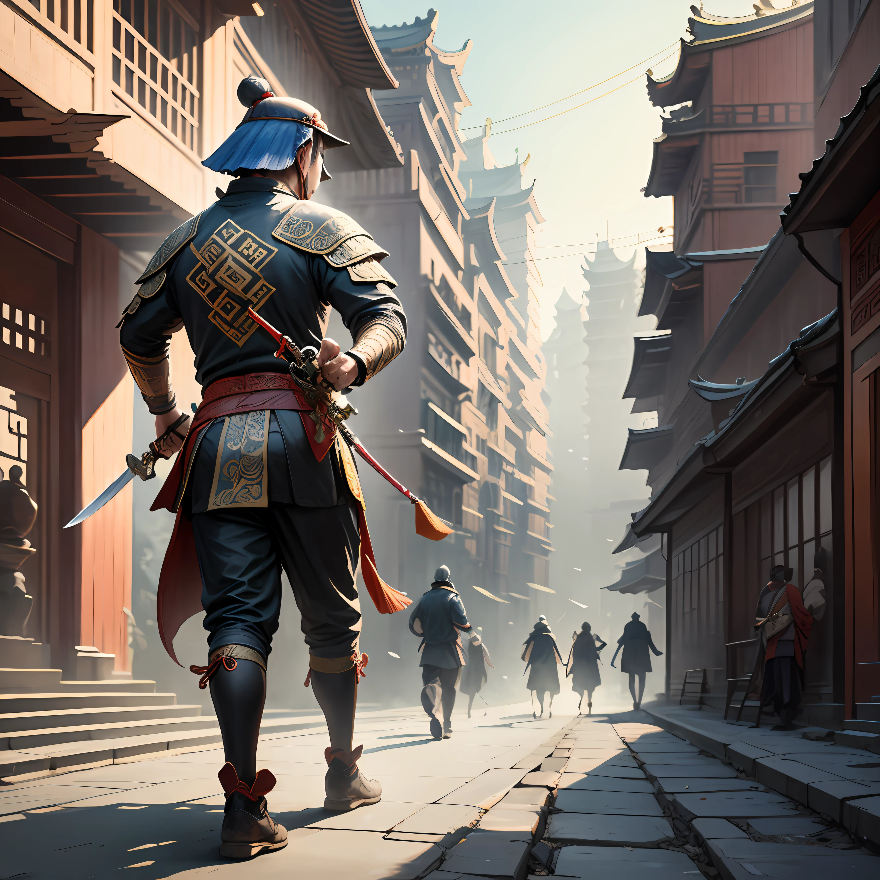 Tang Dynasty，China，Ancient Chinese architecture，Pedestrians on the road，The pedestrian holds a sword in his hand，Fight scenes
