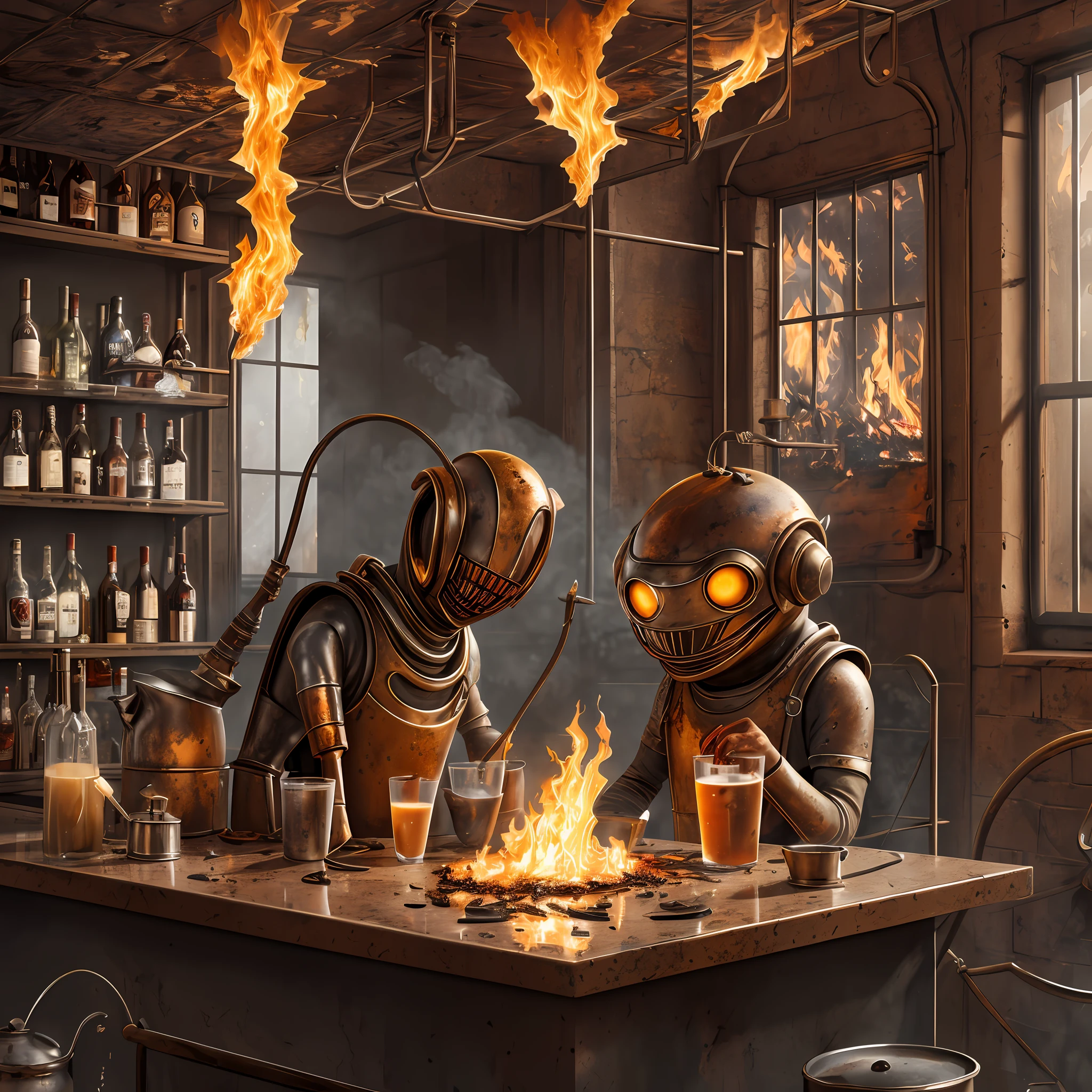 An old rusty kettle on fire, Plated metal, Broken glass, A splash of wine, an alien sits and drinks Milk at a bar, 8k poster, llustration, concept art