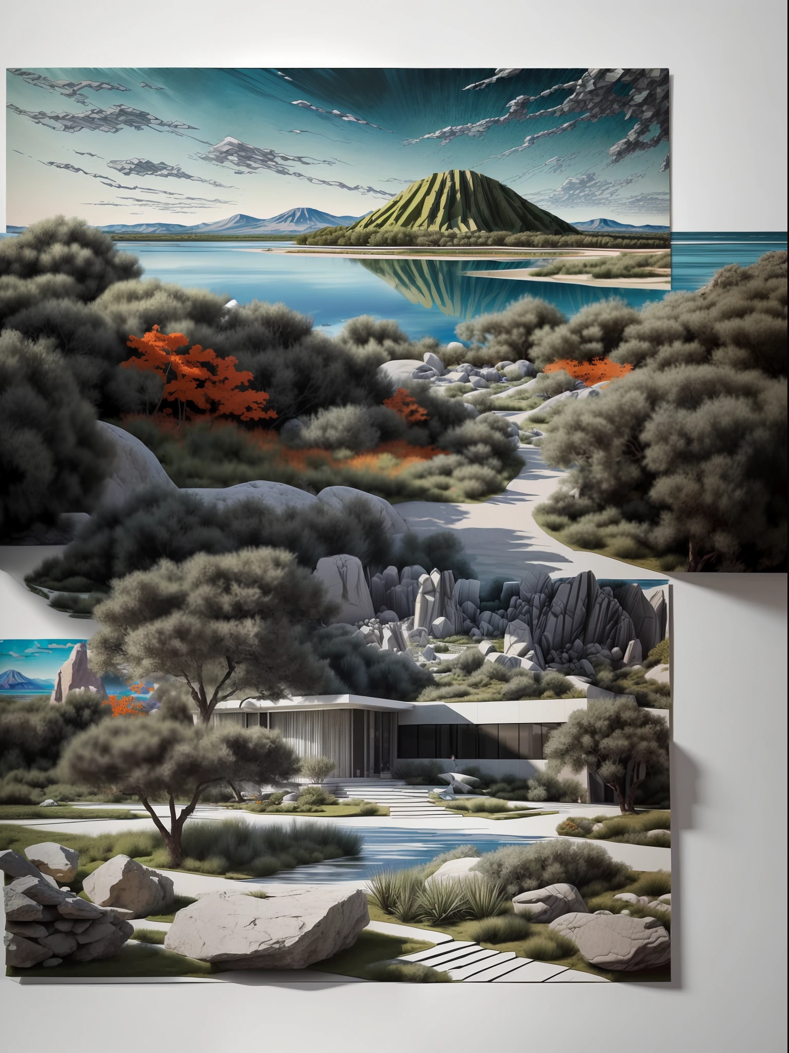 ((masterpiece, best quality)),illustration,ultra detailed 8k. (((An illustration of a build designed by Mies van der Rohe))), with a desertic vegetation garden, big rocks, lake,volcano in horizon, smooth clouds, (((illustration collage format))), M. C. Escher's art style, (((multiple sections))), (orange, blue, olive green, grey, black and white)