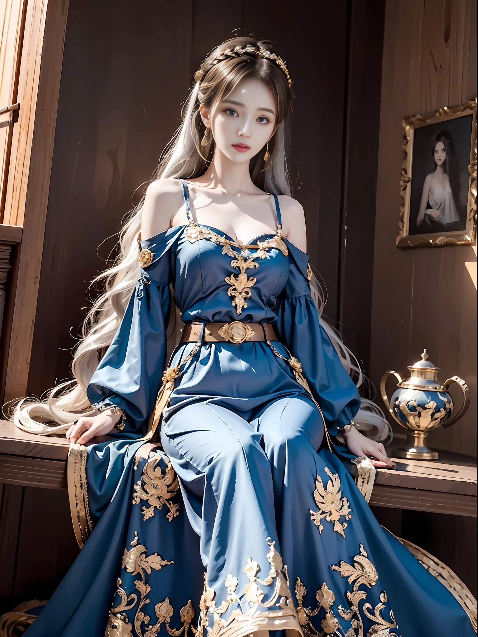Best quality, best lighting, superb photo, best texture, silver blue flowing long hair, simple braided hair, sensual intellectual cool temperament beauty, red long dress, low-cut tucked outer skirt, ferret hair embellishment, gold exquisite belt, perfect body, pointed long and exquisite hair accessories, sense of atmosphere
