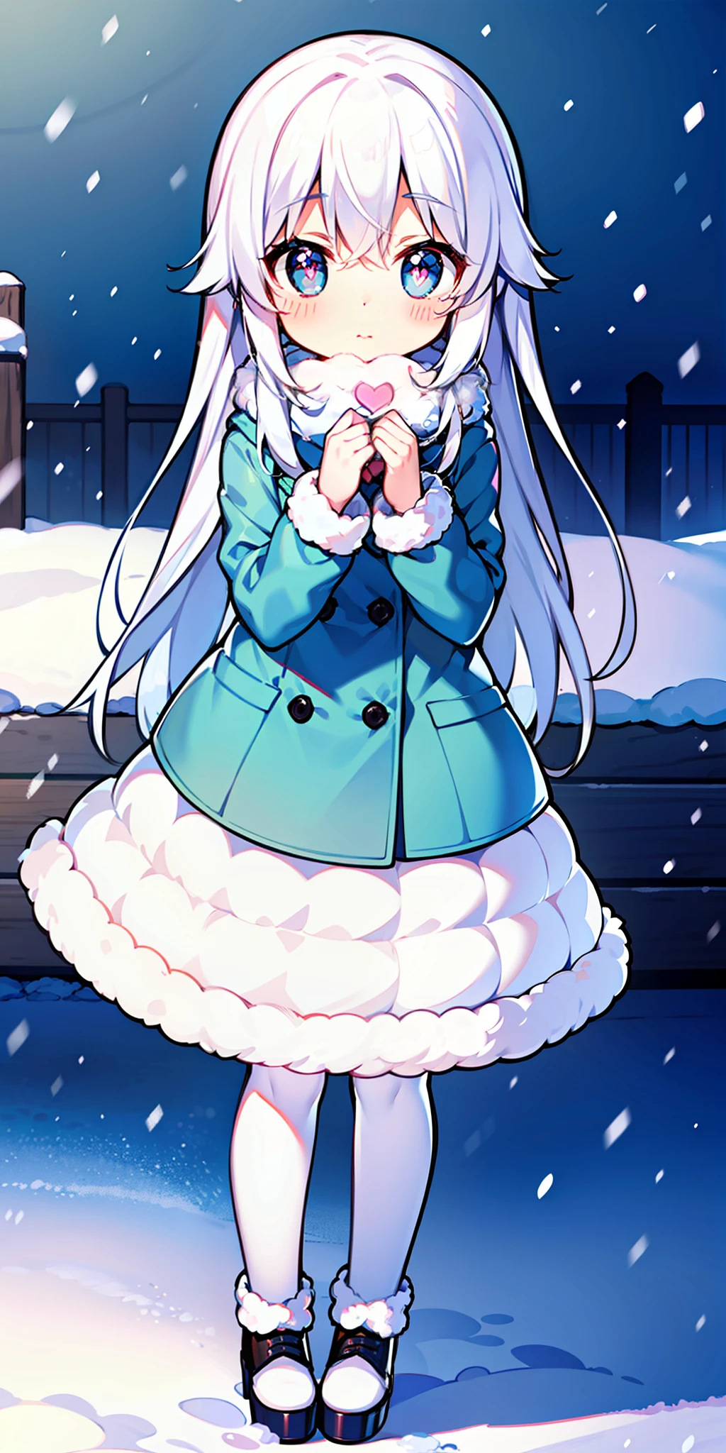 Loli, long hair, cute, heart-shaped pupils, solo, white hair, blush, winter, snow, outdoors, white stockings, standing