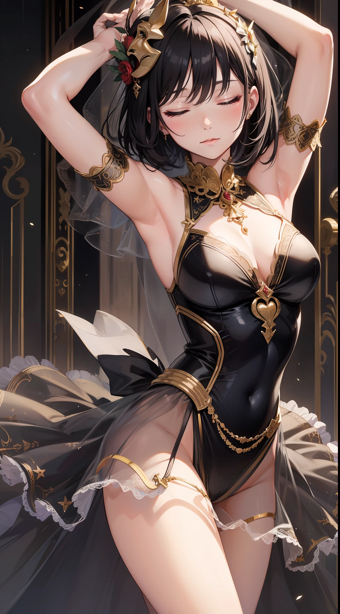 Adult female, short black hair, closed eyes, Theatrical mask, Rich ballerina clothes, ballet dance, Masterpiece, HighQuality