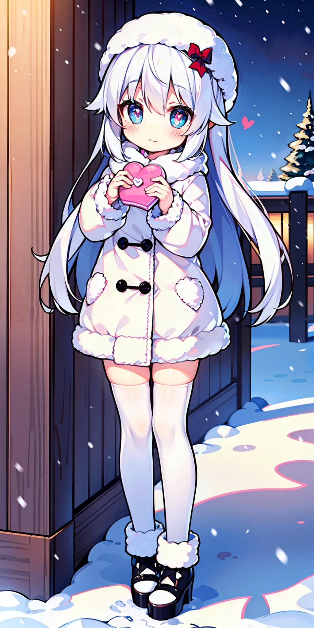, long hair, cute, heart-shaped pupils, solo, white hair, blush, winter, snow, outdoors, white stockings, standing