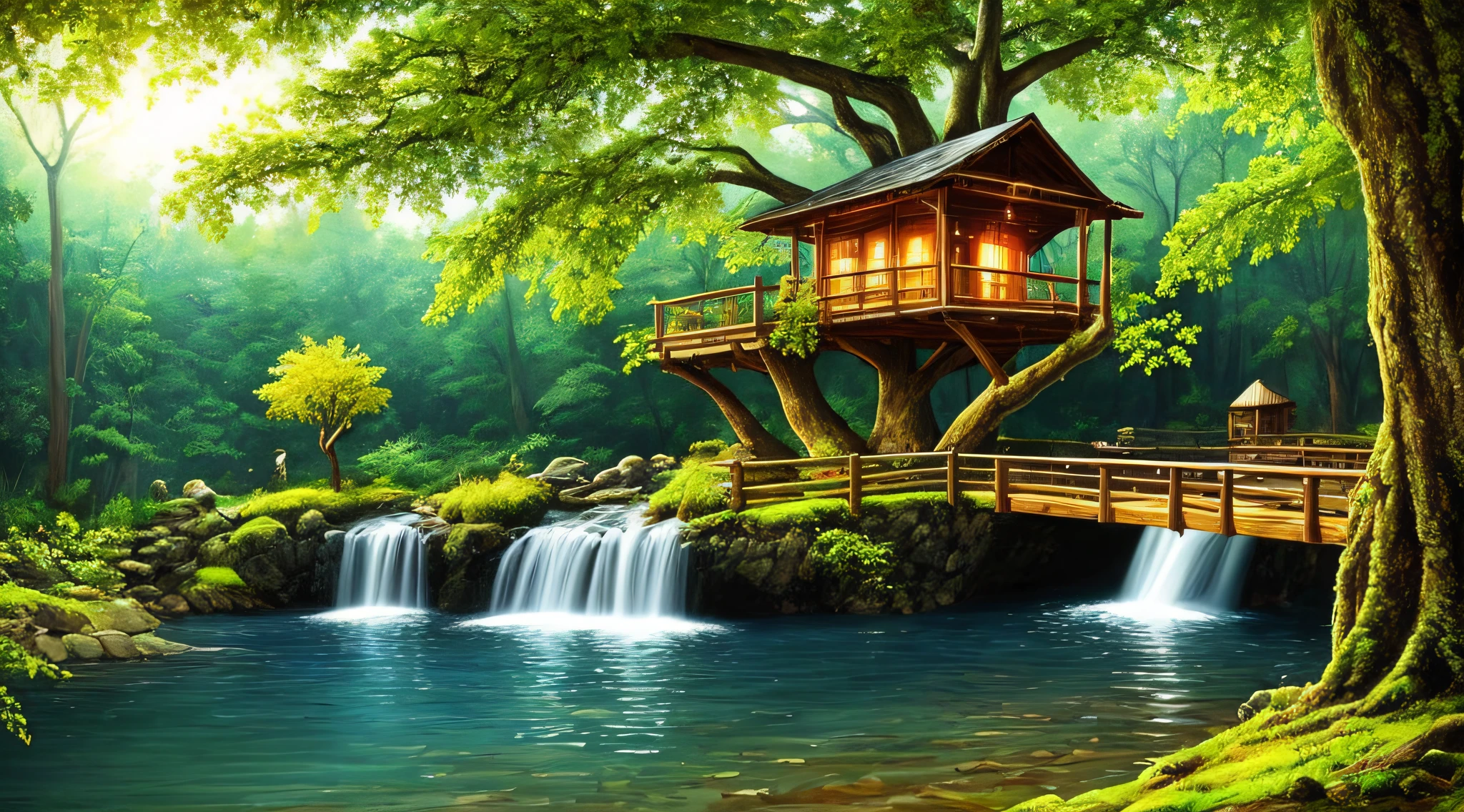 The best quality, masterpieces, beautiful wild and natural fantasy landscapes with glowing lights, clear spring waterfalls, tree houses, paths, bridges, glowing fruits on trees