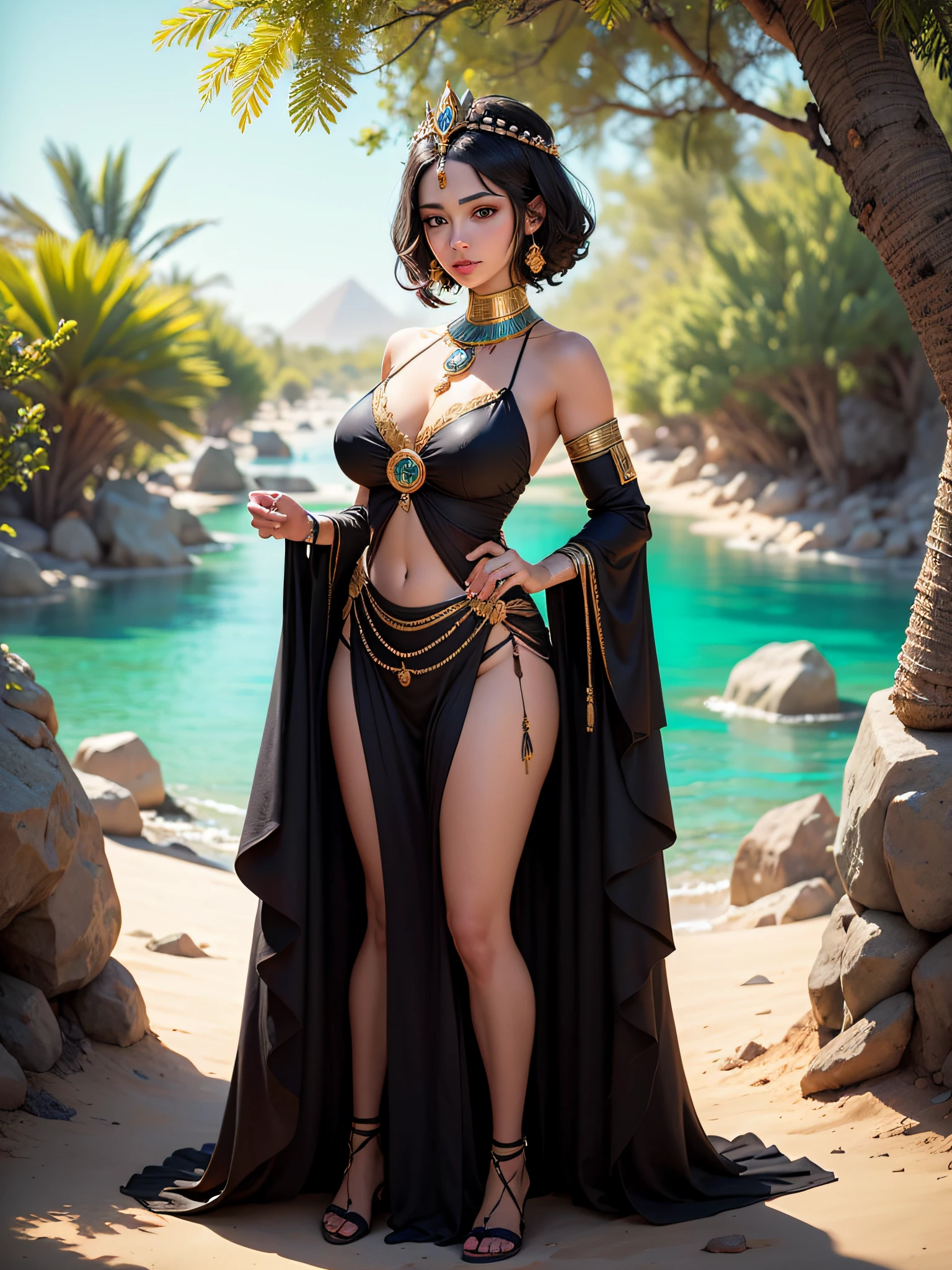 An Egyptian princess, vestida com roupas douradas reveladaras, displays a seductive and captivating appearance. Her medium black hair and black eyes intensify her mesmerizing charm. She is in the center of a lush oasis in the middle of the desert, surrounded by exotic vegetation and crystal clear waters. Ao fundo, camels add a sense of adventure and mysticism to this fascinating image.