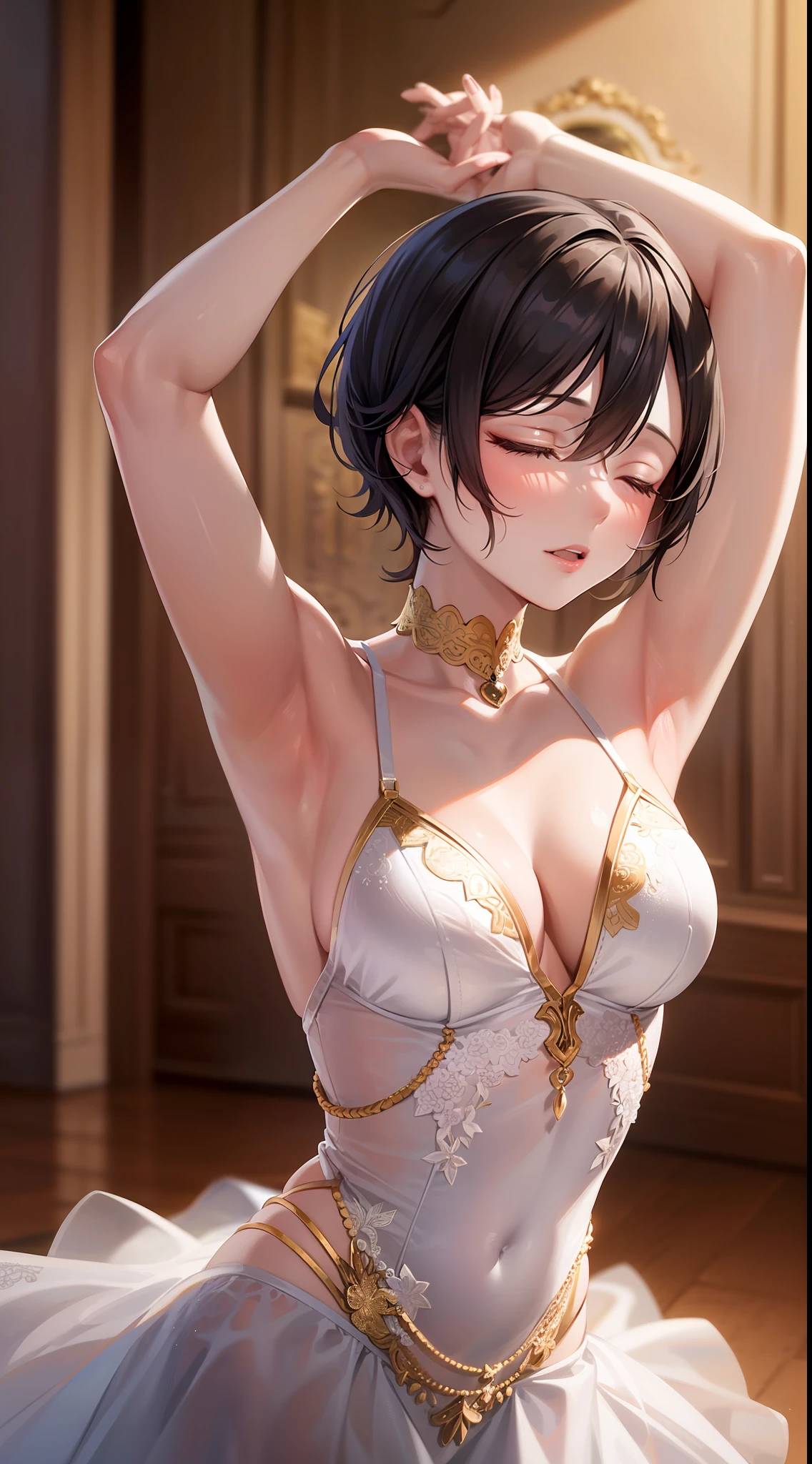 Adult female, short black hair, closed eyes, Theatrical mask, Rich ballerina clothes, ballet dance, Masterpiece, HighQuality