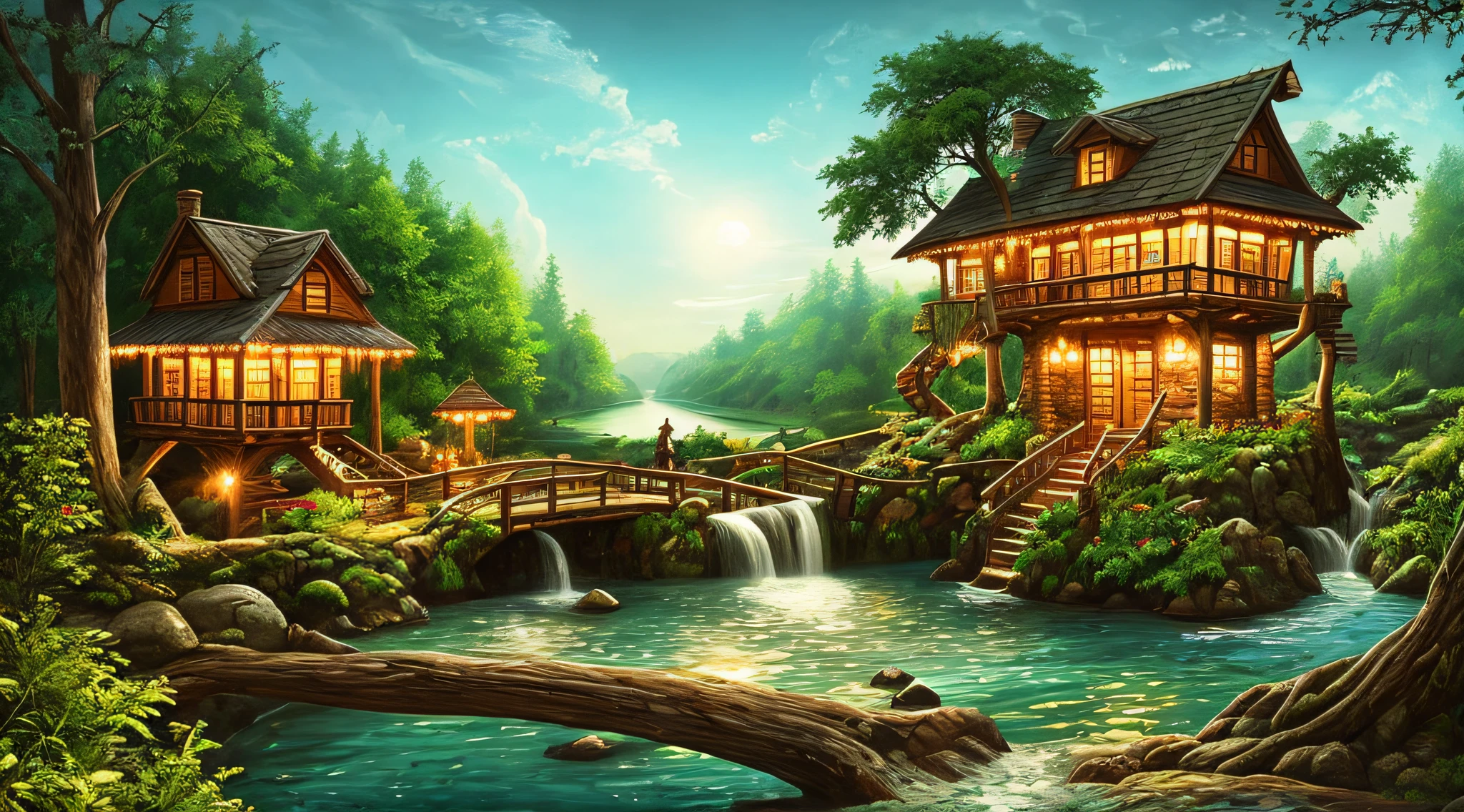 The best quality, masterpieces, beautiful wild and natural fantasy landscapes with glowing lights, clear spring waterfalls, tree houses, paths, bridges, glowing fruits on trees