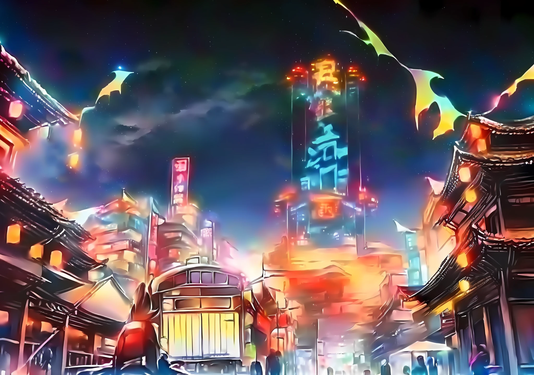 anime scene of a street with a train and a building, colorful kitsune city, colorful anime movie background, Best anime 4k konachan wallpaper, Onmyoji detailed art, anime land of the lustrous, traditional japanese concept art, anime art nouveau cosmic display, summer festival night, anime style cityscape, Anime fantasy artwork, anime”, “ anime, full - view。Classical Chinese night view