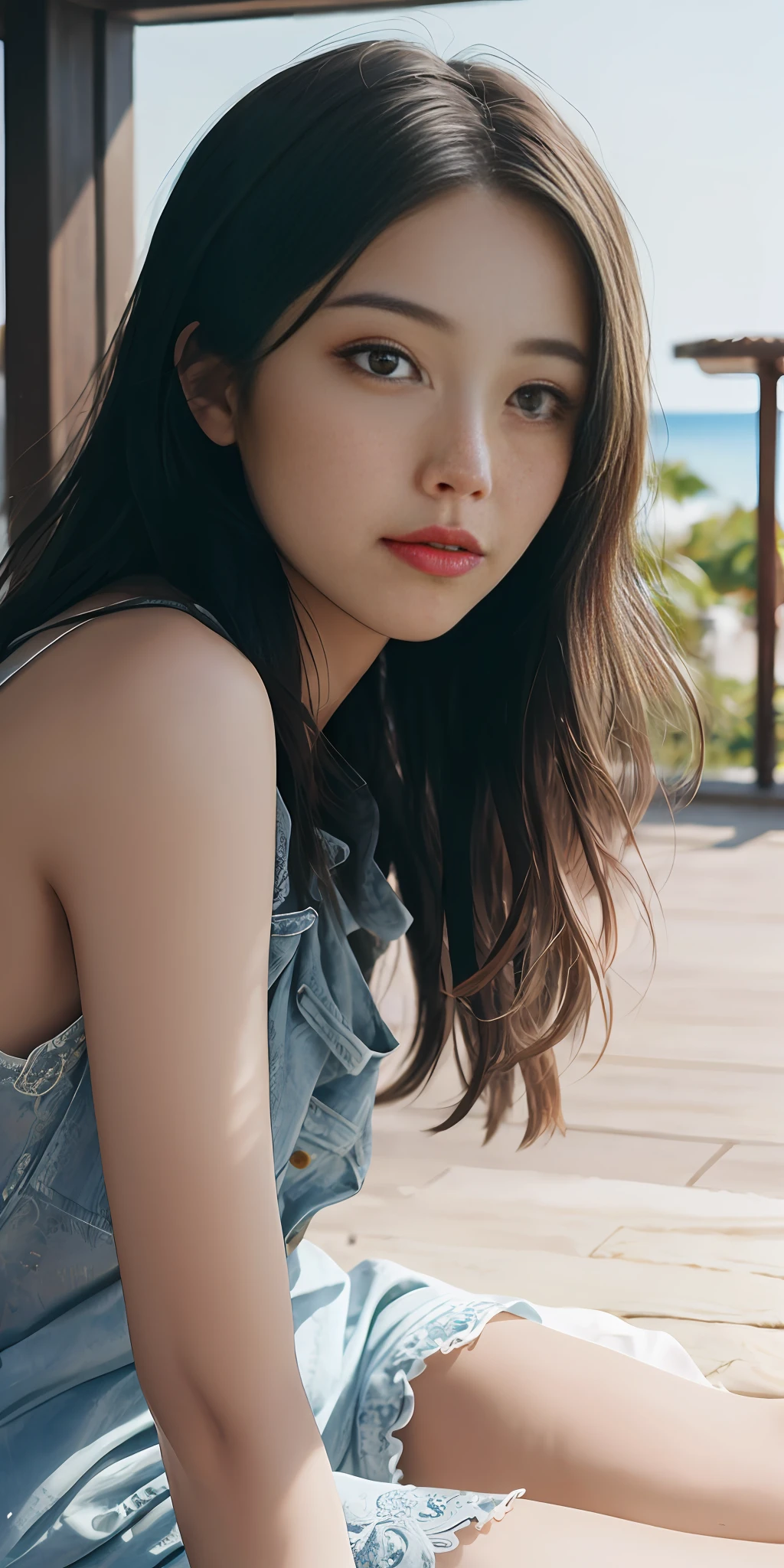 (1girls:1.3), 独奏, ((extremely detailed faces)))), ((Very detailed eyes and face))), beautifuldetailedeyes, Body parts__, offical art, unified 8k wallpaper, Ultra-detail, Beautiful and beautiful, masterwork, best qulity, original, masterwork, super fine photography, best qulity, extra high resolution, Realistic realism, Daylight, fullbody portrait, Amazing beauty, Dynamic poses, Delicate face,Shots at the resort,Casual Fashion,