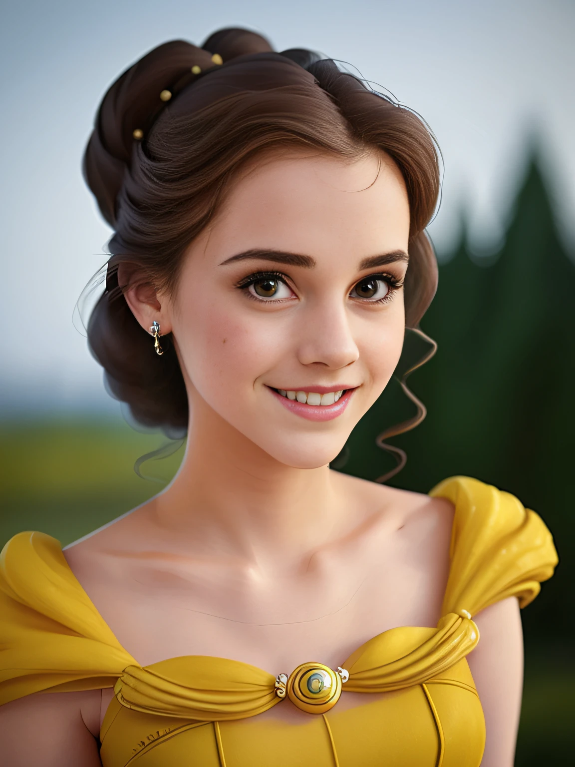 Emma Watson，（elegantly，Nice face），curls，（Cheeky smile：0.8），Pale skin，（Intricate details，finely detailled，ultra-details），(BelleWaifu:1), surprised, kawaii, Cute pose, look viewer, Thick thighs, (yellow dress:1.2), (hairbun, headpieces) :D, curvy build, (holding a red rose:1), (Realistic:1.2), (Realism), (Masterpiece:1.2), (Best quality), (hyper detailed), (8K, 4K, Complex),(fullbodyshot:1),(Cowboy-shot:1.2), (85mm),Light particles, lighting, (Highly detailed:1.2),(Detailed face:1.2), (gradients), sf, Colorful,(Detailed eyes:1.2), (detailed ladscape, garden, Plante, Castle:1.2),(Detailed background),detailed landscape, (Dynamic angle:1.2), (Dynamic pose:1.2), (rule of third_composition:1.3), (Line of action:1.2), a wide shot, daylight, 独奏,