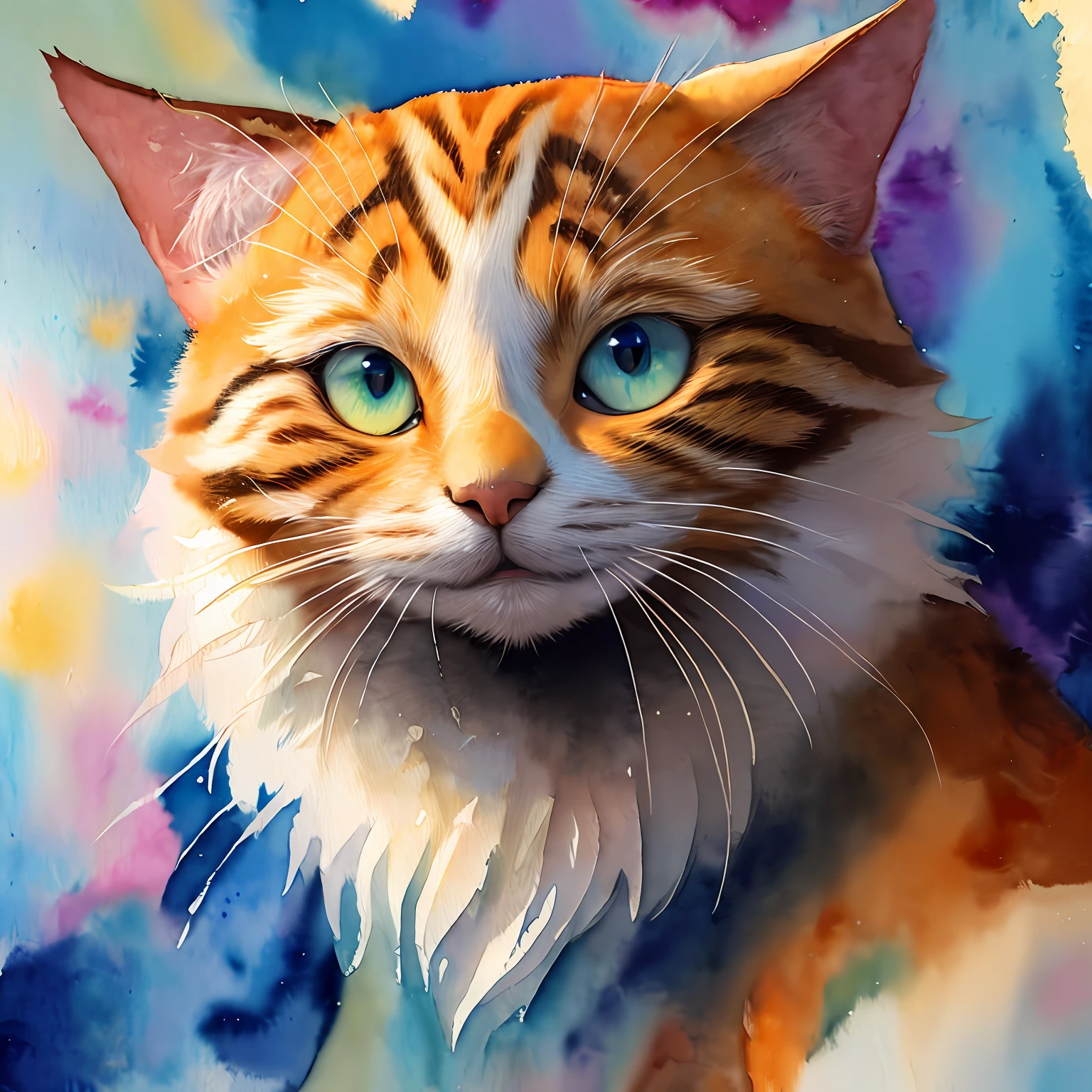 wtrcolor style, Digital art of (cat character), official art, frontal, smiling, masterpiece, Beautiful, ((watercolor)), face paint, paint splatter, intricate details. Highly detailed, detailed eyes, [dripping:0.5], Trending on artstation, by Rachel Walker, dog, no ugly