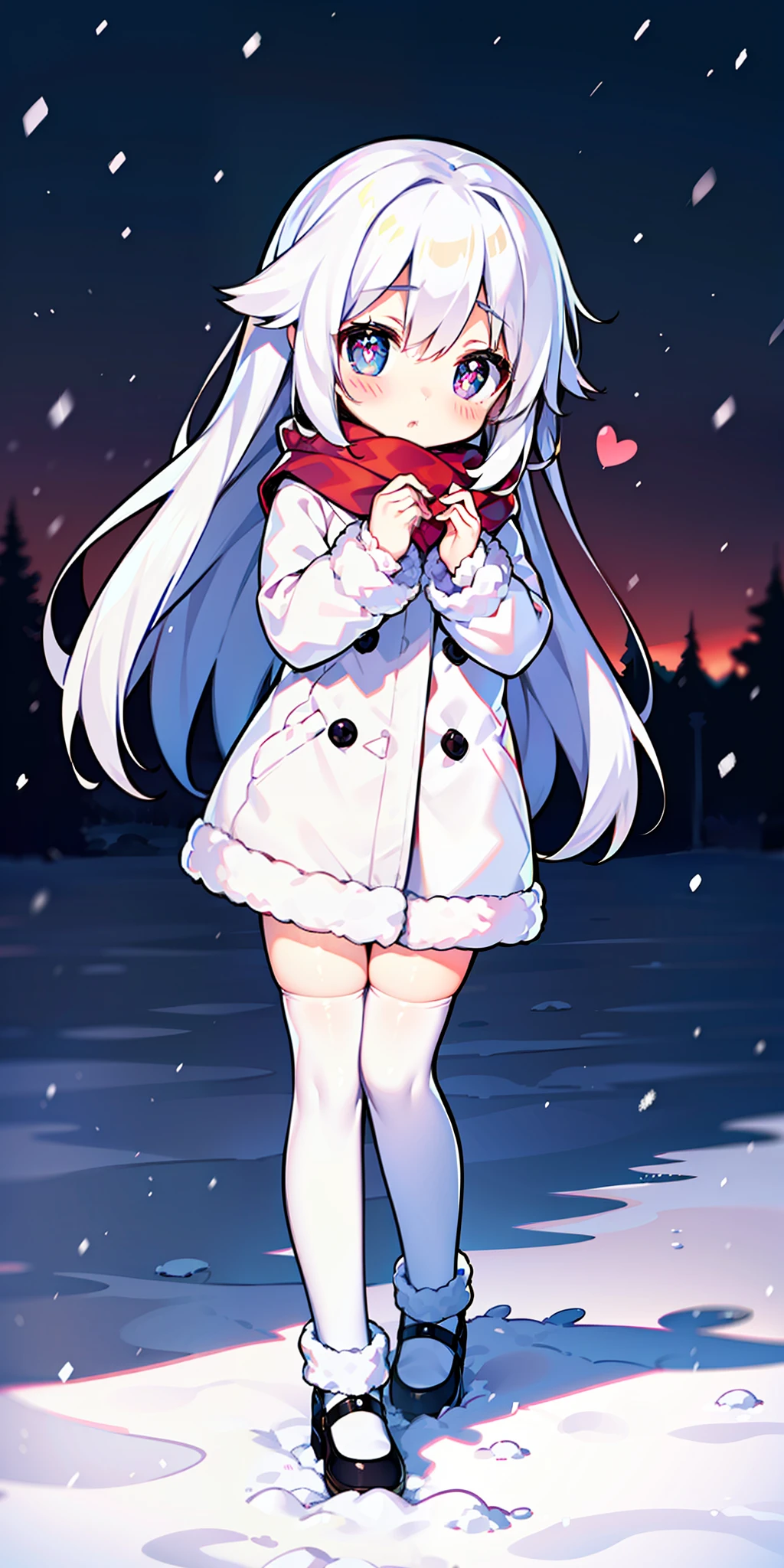 , long hair, cute, heart-shaped pupils, solo, white hair, blush, winter, snow, outdoors, white stockings, standing