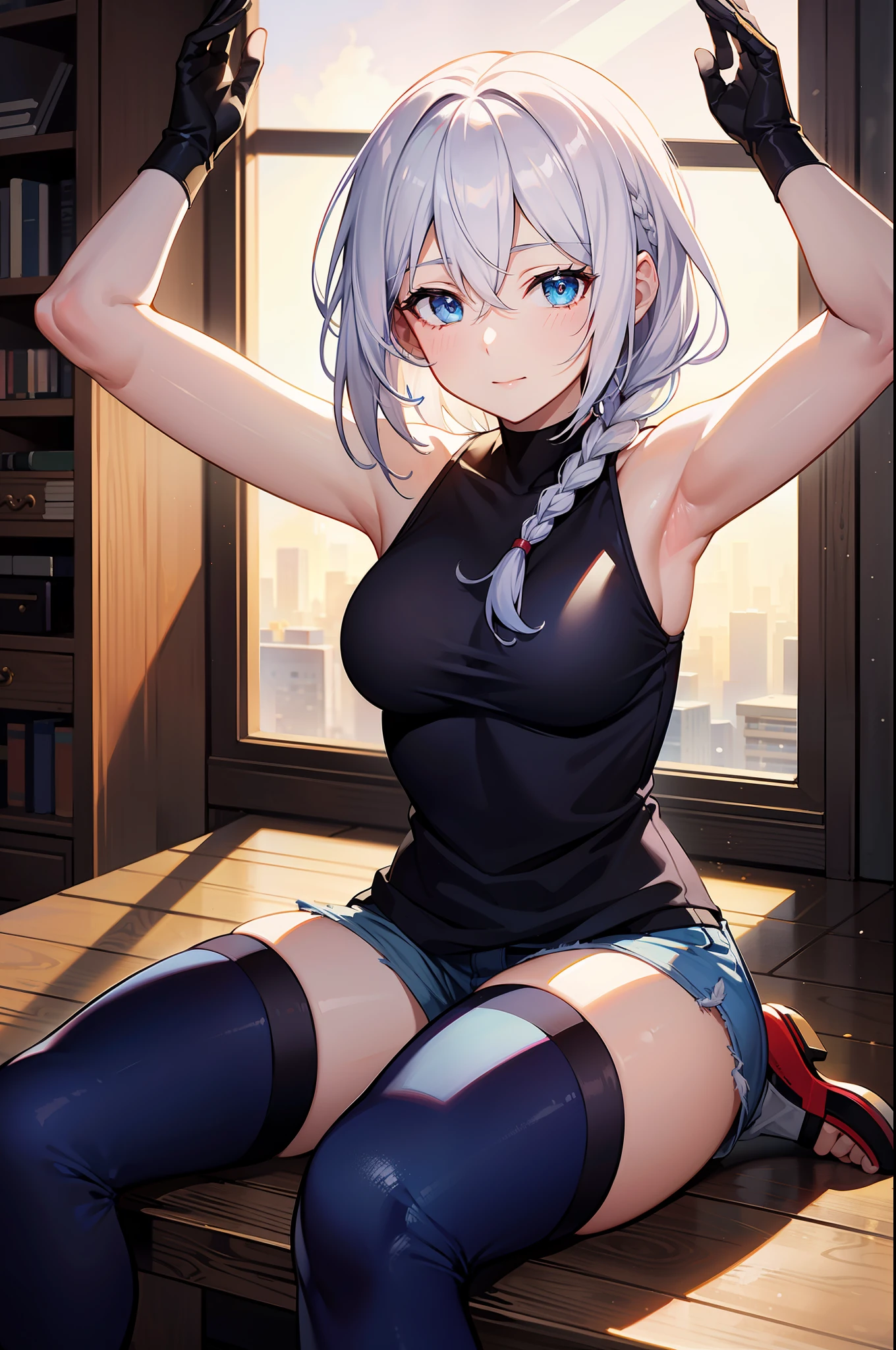 Masterpiece, Best quality, Masterpiece,Best quality,officlal art,Extremely detailed CG unity 8k wallpaper, golden hour lighting, strong rim light, strong shadows, in the cyberpunk city, artbook, Medium hair, White hair, braided, Blue eyes, Medium breasts, Sleeveless shirt, short pant, kneehighs, jitome, Half-closed eyes, :t, ((short braid)),with open arms,,hair between eyes,Sitting,