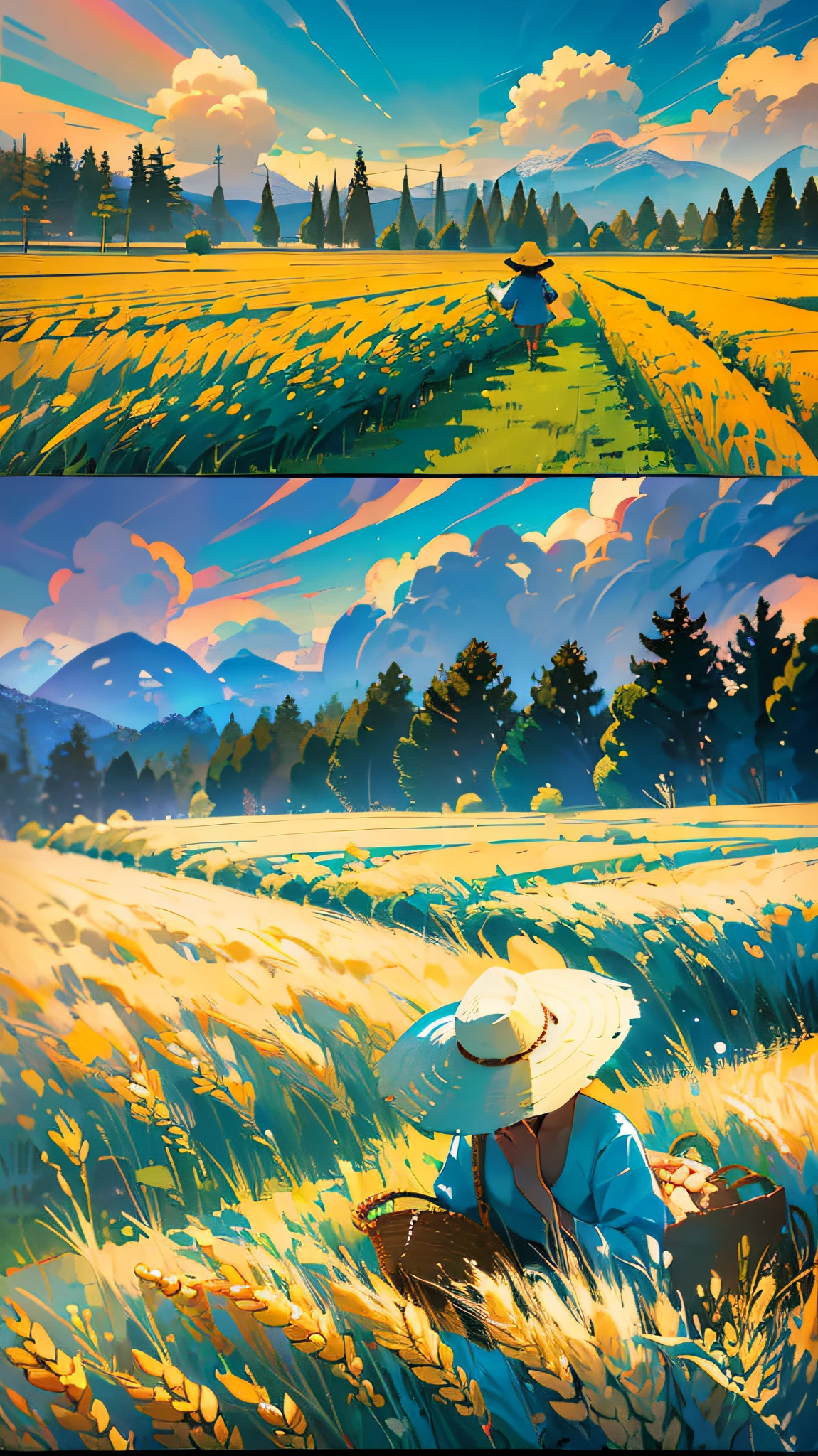 hand painted style，Flat illustration style，gradient backgrounds，Chinese solar terms，Autumn，Farmers harvest crops in the fields，best qulity。 --auto