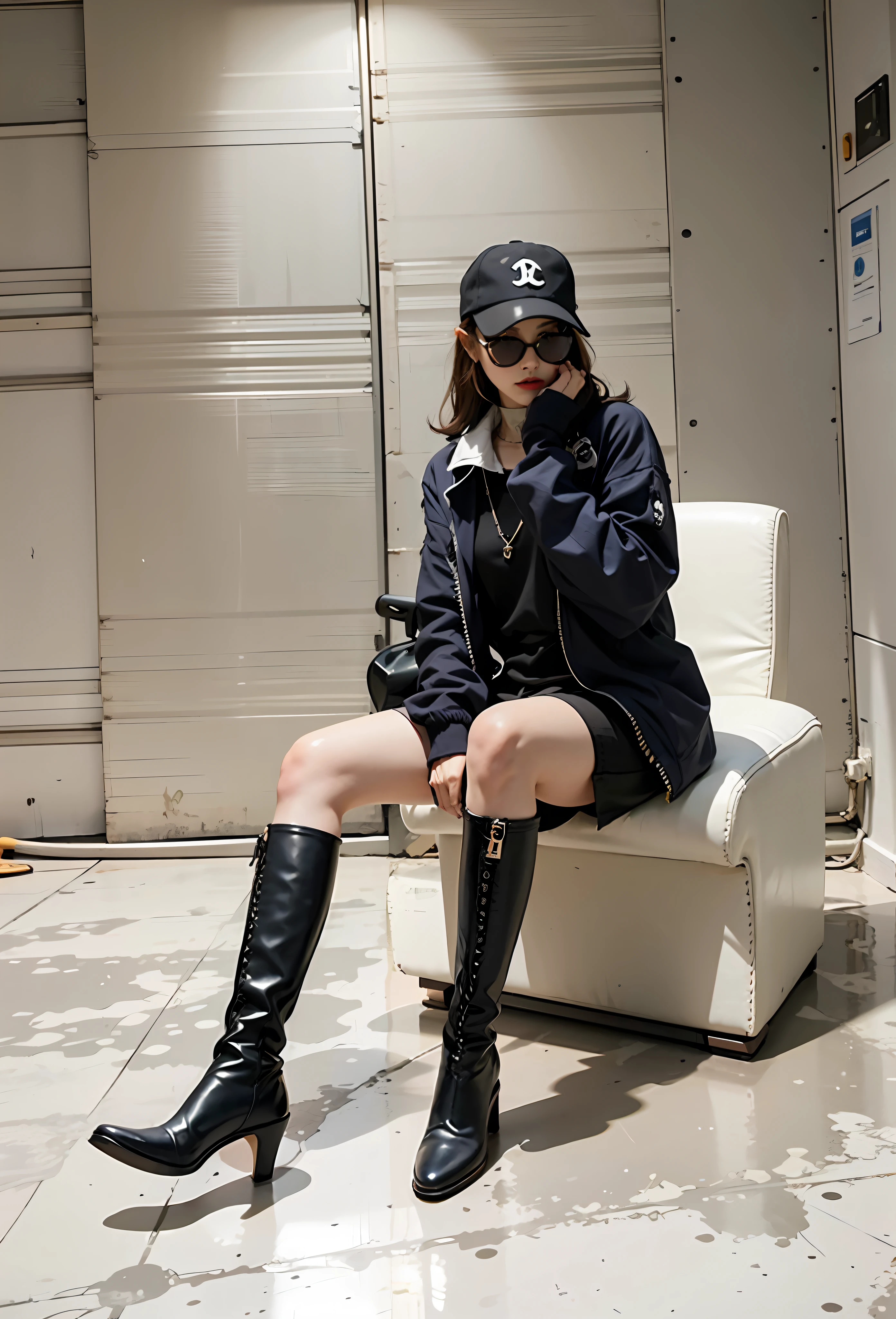 woman sitting on a chair talking on a cell phone, 🔞🤡, chanel boots, High boots, 💣 💥💣 💥, 💣 💥, profile pic, wearing a fisher 🧥, 🤬 🤮 💕 🎀, 🕹️ 😎 🚬, she is wearing streetwear, 19xx, ❤🔥🍄🌪, kneehigh boots