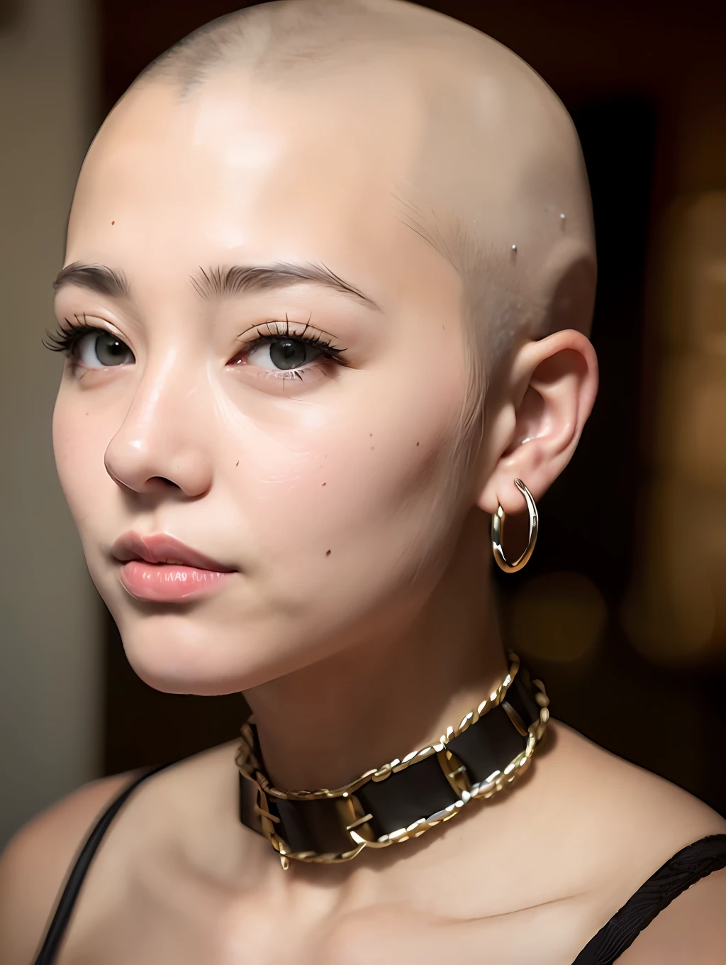 ((Hairstyle is shaved head, skinhead)), (Japan female), age 55 years old, 8K, photorealistic, photorealism, portrait, 85mm lens, depth of field, skin luster is delicate and fair, eyes are black, eyes are drooping, eyes are slightly apart, lips are plump, chubby, (Satomi Ishihara), red corset, ( Chained from earlobe to nostril), (BDSM), corset, T-back, (with a large ring on the nose), pulling collars for large dogs