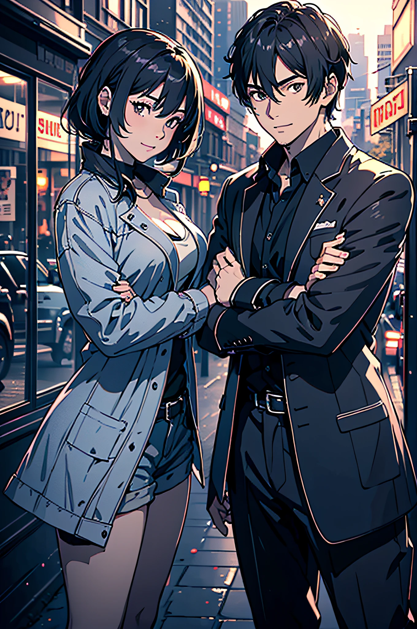 3 man,Smile,Hands on shoulders,Hand on shoulder,Handsome face,look viewer,(city in background,Extremely detailed), (Dark theme:1.3),(Masterpiece: 1.2), Best quality, Masterpiece, High resolution, Extremely detailed, (Extremely detailed CG: 1.2),(Extremely detailed),anime,Best quality, (Masterpiece:1.2)
