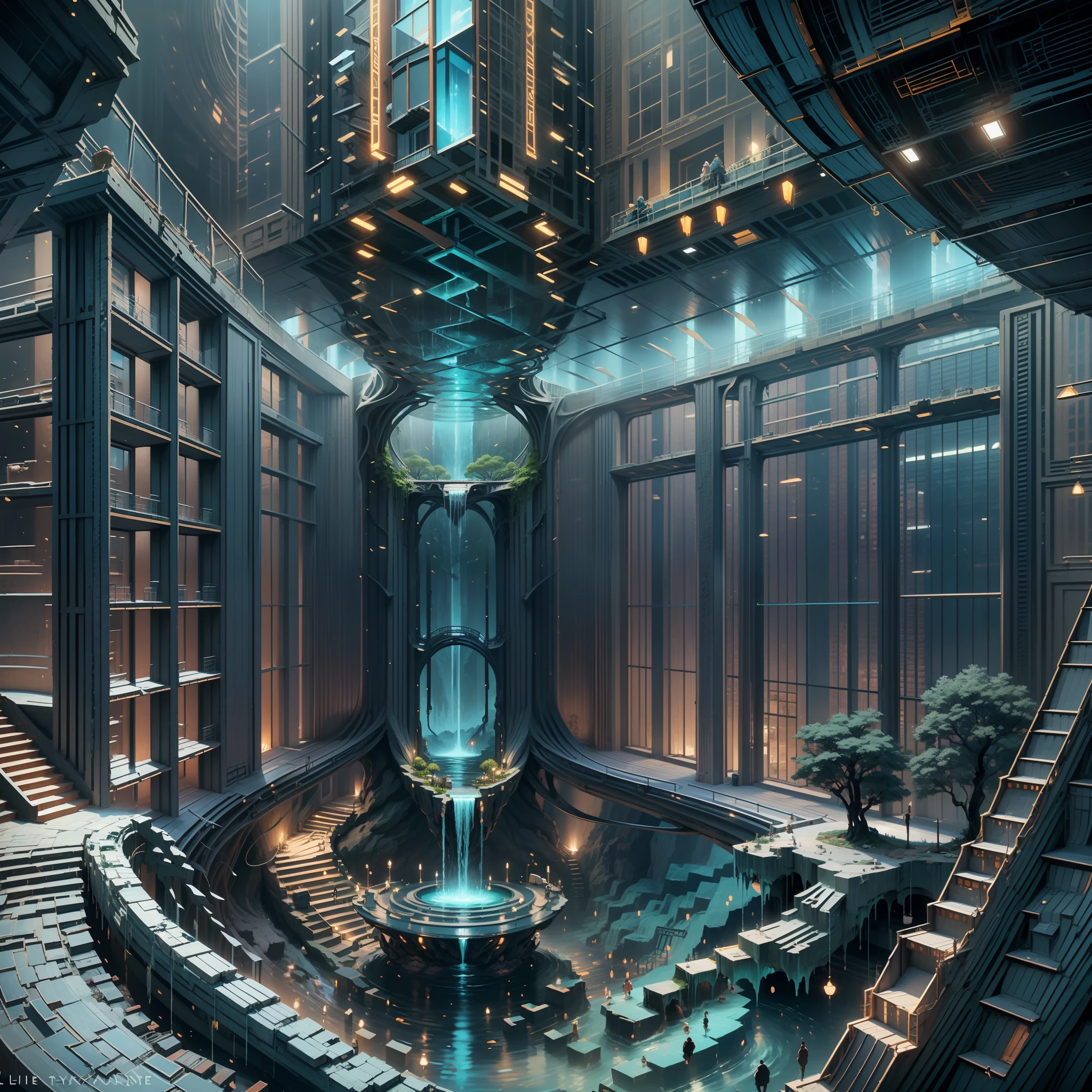 :an awesome sunny cheerful day environment concept art of Futuristic design of cave architecture interiors concept art on grand Canyon caves nature architecture, proportional,detailed, cave architecture nature meets futuristic architecture on a rainforest jungle cliff with huge waterfalls,Crepuscular rays, nature meets modern architecture in the style of Aries Moross, Rem Koolhaas,Daniel Libeskind, Jean Nouvel, Paolo Soleri,Toyo Ito and Philip Johnson with Dry brush drawing style ,Chiaroscuro village,cliff side residential area, mixed development,nature architecture,bright colors,high rise made up staircases, balconies, full of glass facades,carved from rocks, masterpiece, proportional, detailed, trending on artstation, beautiful lighting, realistic, intricate