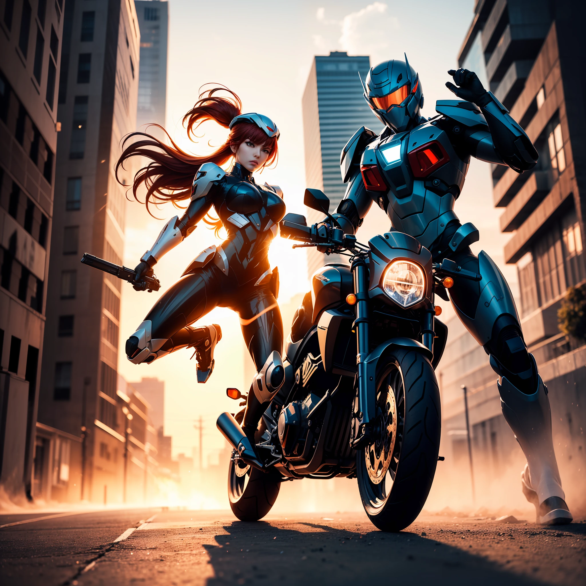 mecha woman warrior (Masterpiece 1.5, intense details), wearing mecha armorת riding motorcycle, intense details (Masterpiece 1.5, intense details), visible head, blond hair, shooting gun, at city (Masterpiece 1.5, intense details), in a future urban setting (Masterpiece 1.5, intense details), red hair, mohawk, beret, angry, Futurism (Masterpiece 1.5, intense details), modern, Op art, Realism (Masterpiece 1.5, intense details), Action painting, motion blur, sparkle, glowing light, ray tracing, silhouette, wide shot, panorama, Ultra-Wide Angle, award winning, best quality, HD, 4K, high details