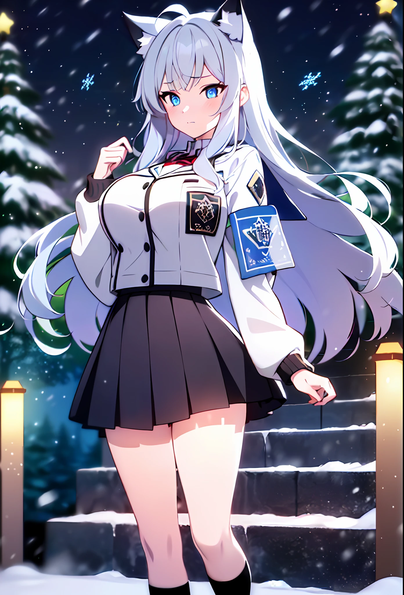 (sunaookami shiroko:1.2), {{{{masterpiece, extremely detailed, intricate details, soft focus, 8K, highres, depth of field, absurdres, high quality facial shadowing, dynamic shadowing, extreme shaders, cinematic lighting, perfect lighting, soft lighting, hazy lighting, blurry foreground, lens flare}}}}, best quality, asian qualities, {front view}, (solo:1.2), (beautiful young girl:1.3), high school girl, {{{extremely detailed girl, perfect anatomy, perfect body}}},(detailed cat ears:1.3), bright neon blue cat ears:1.1, (beautiful-detailed hair:1.3), (dark-silver hair:1.3), long luscious hair, (multi-layered hair:1.5), (hair splayed out:1.2), beautiful-detailed facial structure, detailed beautiful face:1.3, sexy face, cute face, slender facial structure, (detailed face:1.33), big eyes, (detailed glowing eyes:1.1), glowing bright blue eyes, (detailed facial expression:1.1), shy, detailed-slight red blush, (detailed boobs:1.2), medium size boobs, (slim waist:1.1), (slim legs:1.1), standing up, (winter school uniform:1.3), (detailed pure white winter school jacket:1.2), (detailed pure white checkered winter school skirt:1.2), (detailed pure white socks:1.2), (detailed black school shoes:1.3), winter night, (enhanced background:1.4), snow falling at midnight with clear skies overhead with a waterfall in the background, snow on sidewalks with Christmas lights on tree's surrounded the viewer, (full body shot:1.1), hazy photo, (warm photo:1.3)