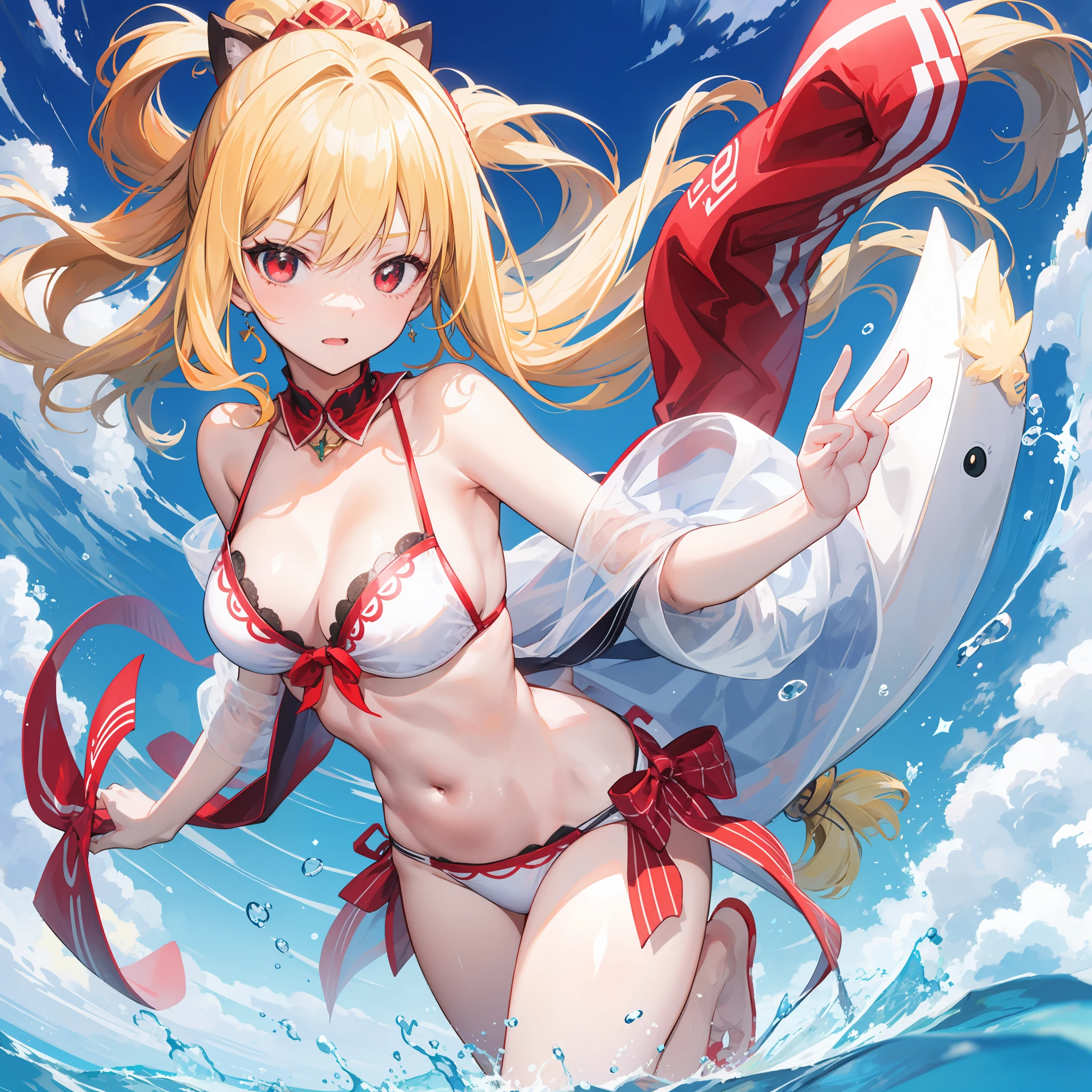 アニメ、Blonde and red-eyed girl、One person、White bikini、