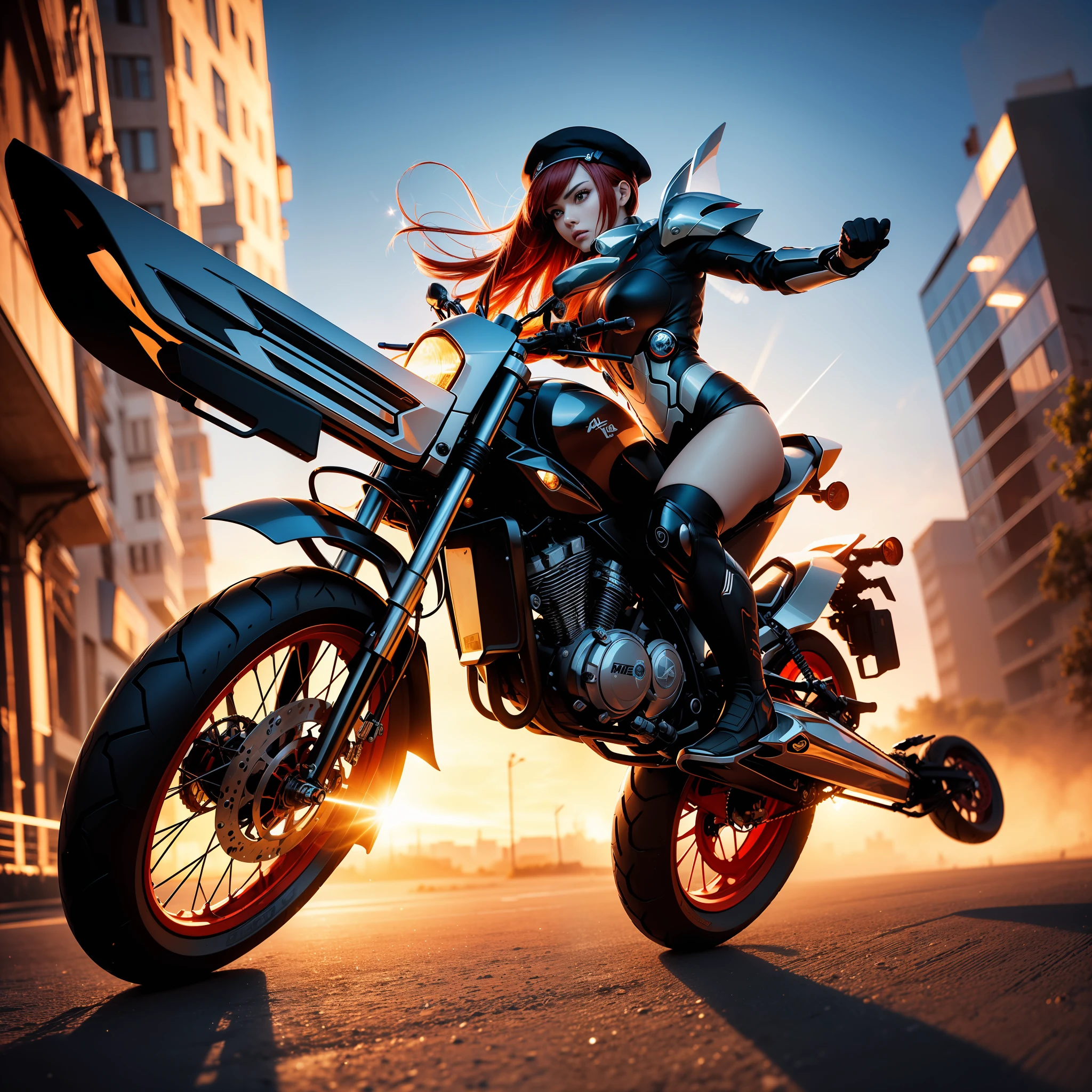 mecha woman warrior (Masterpiece 1.5, intense details), wearing mecha armorת riding motorcycle, intense details (Masterpiece 1.5, intense details), visible head, blond hair, shooting gun, at city (Masterpiece 1.5, intense details), in a future urban setting (Masterpiece 1.5, intense details), red hair, mohawk, beret, angry, Futurism (Masterpiece 1.5, intense details), modern, Op art, Realism (Masterpiece 1.5, intense details), Action painting, motion blur, sparkle, glowing light, ray tracing, silhouette, wide shot, panorama, Ultra-Wide Angle, award winning, best quality, HD, 4K, high details