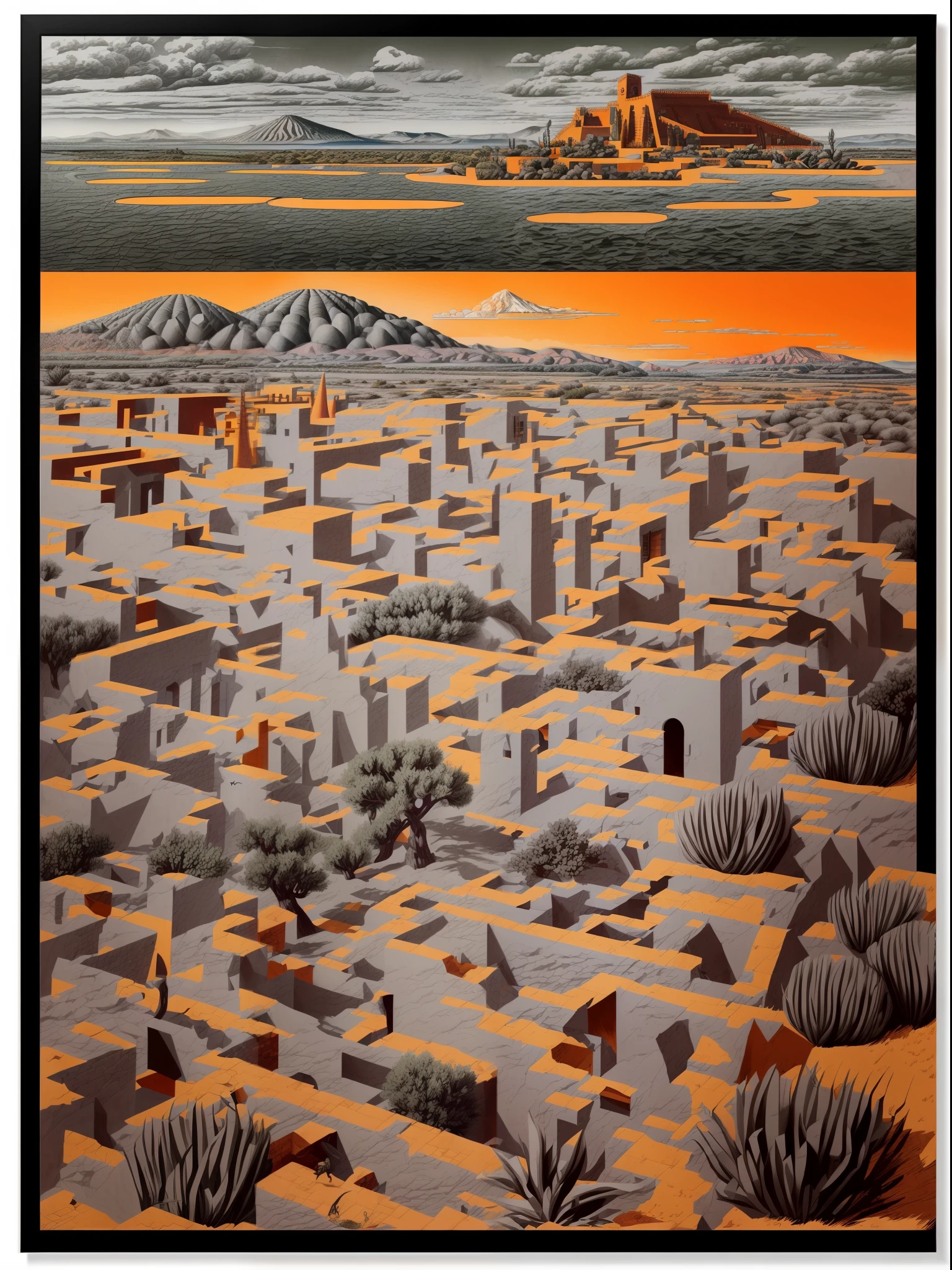 ((masterpiece, best quality)),illustration,ultra detailed 8k. (((An illustration of a build designed by Luis Barragán))), with a desertic vegetation garden, big rocks, lake,volcano in horizon, smooth clouds, (((illustration collage format))), M. C. Escher's art style, (((multiple sections))), (orange, blue, olive green, grey, black and white)