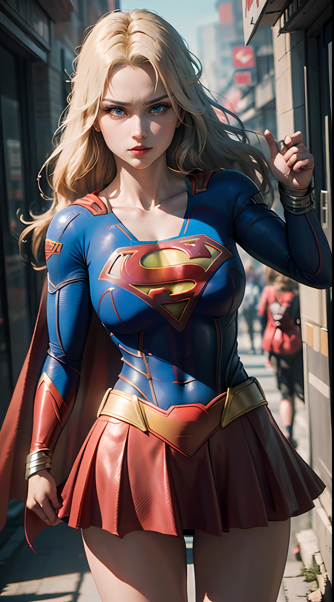 ((Best Supergirl Quality)), ((masterpiece)), (detailed: 1.4), 3D, an image of a beautiful blonde woman with cyberpunk blue eyes,HDR (High Dynamic Range),Ray Tracing,NVIDIA RTX,Super-Resolution,Unreal 5,Subsurface Dispersion, PBR Texture, Post-processing, Anisotropic filtering, Depth of field, Maximum clarity and sharpness, Multilayer textures, Albedo and specular maps, Surface shading, Accurate simulation of light-material interaction, Perfect Proportions, Octane Render, Two-Tone Lighting,Wide Aperture,Low ISO,White Balance,Rule of Thirds,8K RAW, Using Superman S symbol on Chest. Cyberpunk.