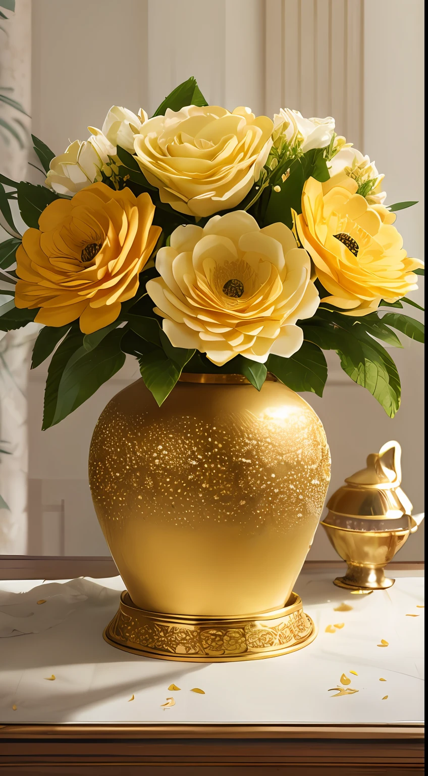 An elegant arrangement of ornamental flowers in soft colors, encased in golden lacy paper and adorned with a luxurious bow. --ar 2:3 --s1000 --v5 --q2 --upbeta -a750