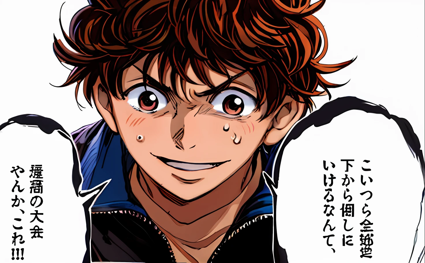 anime boy with brown, 1boy, male focus, sweat, sweatdrop, black jacket, short hair, solo, text bubble speech, color manga, manga color, color manga, color manga panel, simple background, a white background