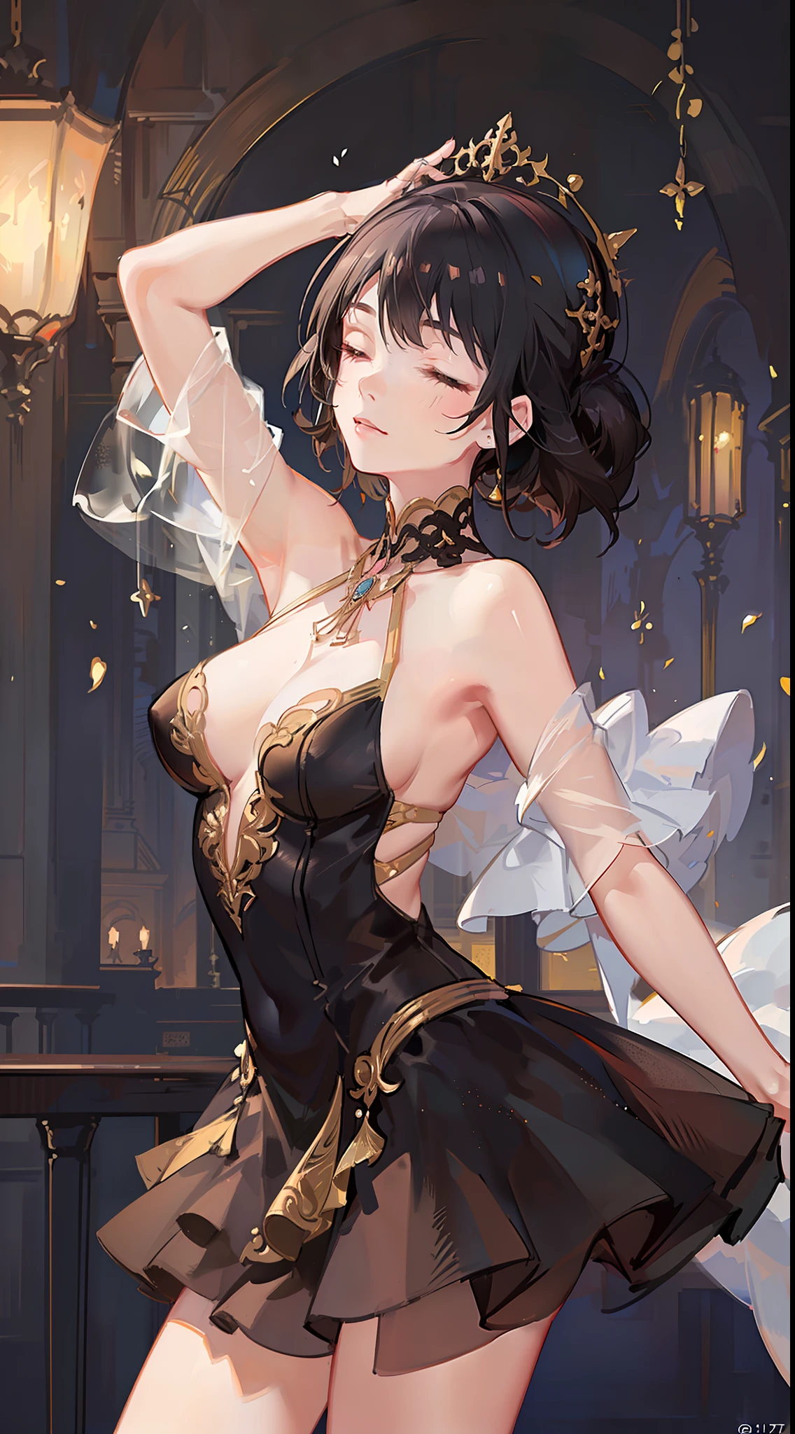 Adult female, short black hair, closed eyes, Theatrical mask, Rich ballerina clothes, ballet dance, Masterpiece, HighQuality