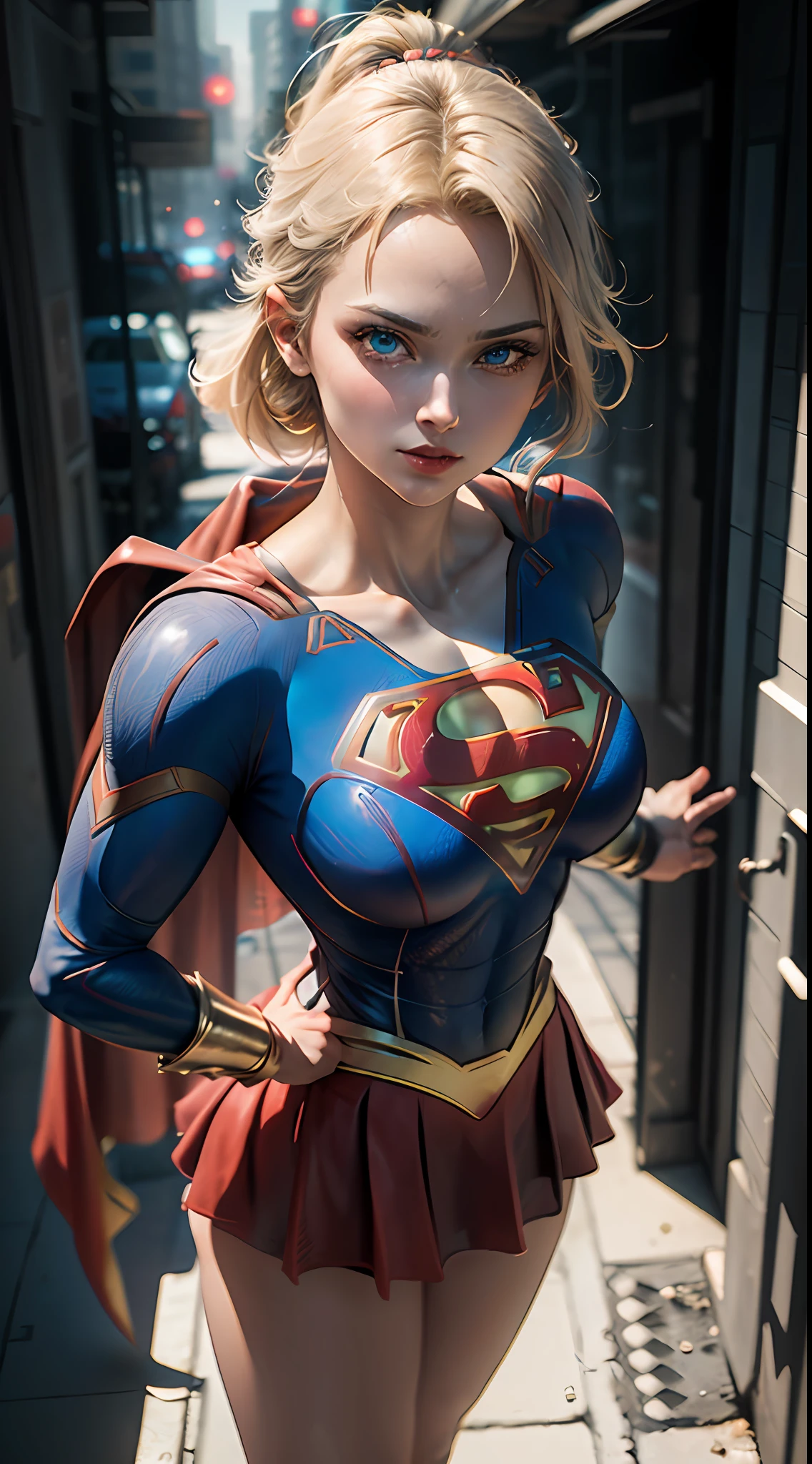 ((Best Supergirl Quality)), ((masterpiece)), (detailed: 1.4), 3D, an image of a beautiful blonde woman with cyberpunk blue eyes,HDR (High Dynamic Range),Ray Tracing,NVIDIA RTX,Super-Resolution,Unreal 5,Subsurface Dispersion, PBR Texture, Post-processing, Anisotropic filtering, Depth of field, Maximum clarity and sharpness, Multilayer textures, Albedo and specular maps, Surface shading, Accurate simulation of light-material interaction, Perfect Proportions, Octane Render, Two-Tone Lighting,Wide Aperture,Low ISO,White Balance,Rule of Thirds,8K RAW, Using Superman S symbol on Chest. Cyberpunk.
