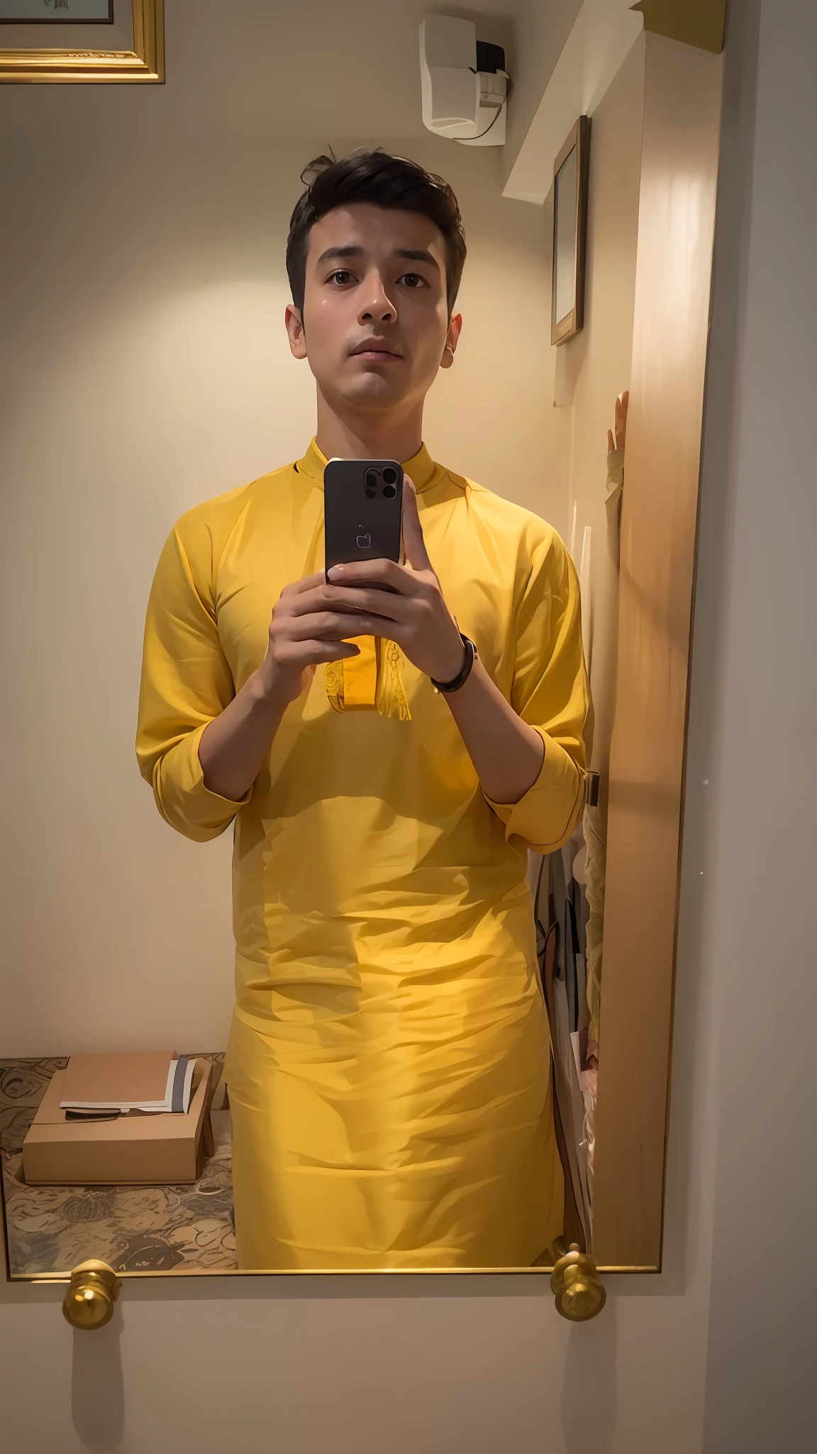there is a man taking a selfie in a mirror, wearing a kurta, wearing a silk kurta, with yellow cloths, around 1 9 years old, king in yellow, on a yellow canva, full body picture, wearing a fisher 🧥, wearing wheat yellow gauze, wearing an old tunic, traditional clothes