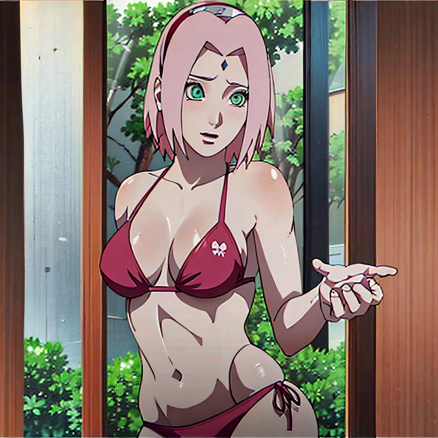 sakura haruno, 1 girl, personagem de naruto, de naruto, sakura anime naruto, seios enormes, pink bikini, em casa, virilha lubrificada, corpo voluptuoso, corpo extremamente detalhado, rosto detalhado, seios detalhados