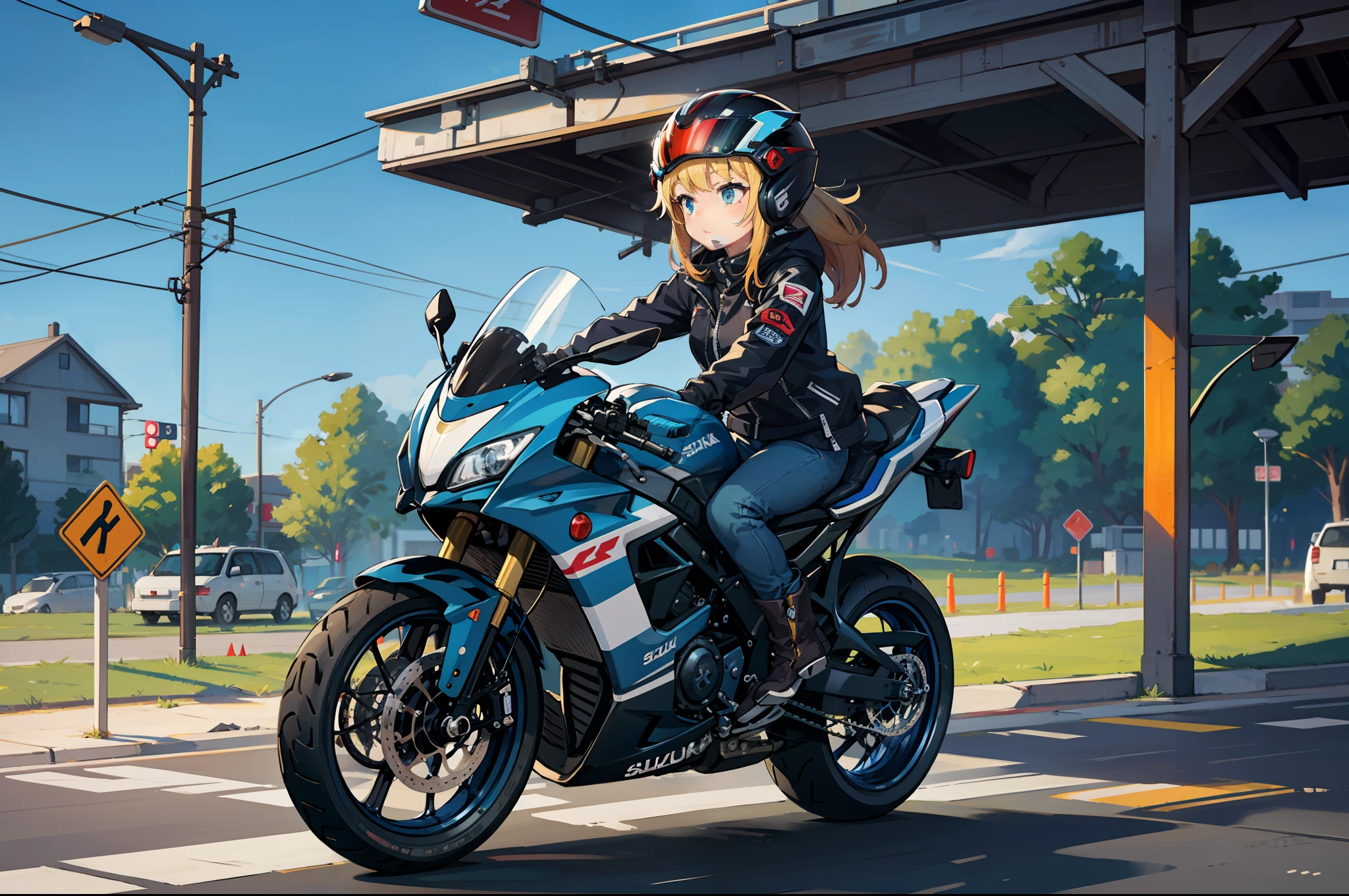 Beautiful highschool girl、touring、Holding and holding a full-face helmet、Riding jacket、Damaged jeans、Bike Gloves、Engineer Boots、roadside station、arafed blue motorcycle parked on the side of the road, futuristic suzuki, with a blue background, Blue, yoshimura exhaust, Sky Blue, Easy, motorcycle, motorcycle, Motorcycles,riding, full device, blue colored,