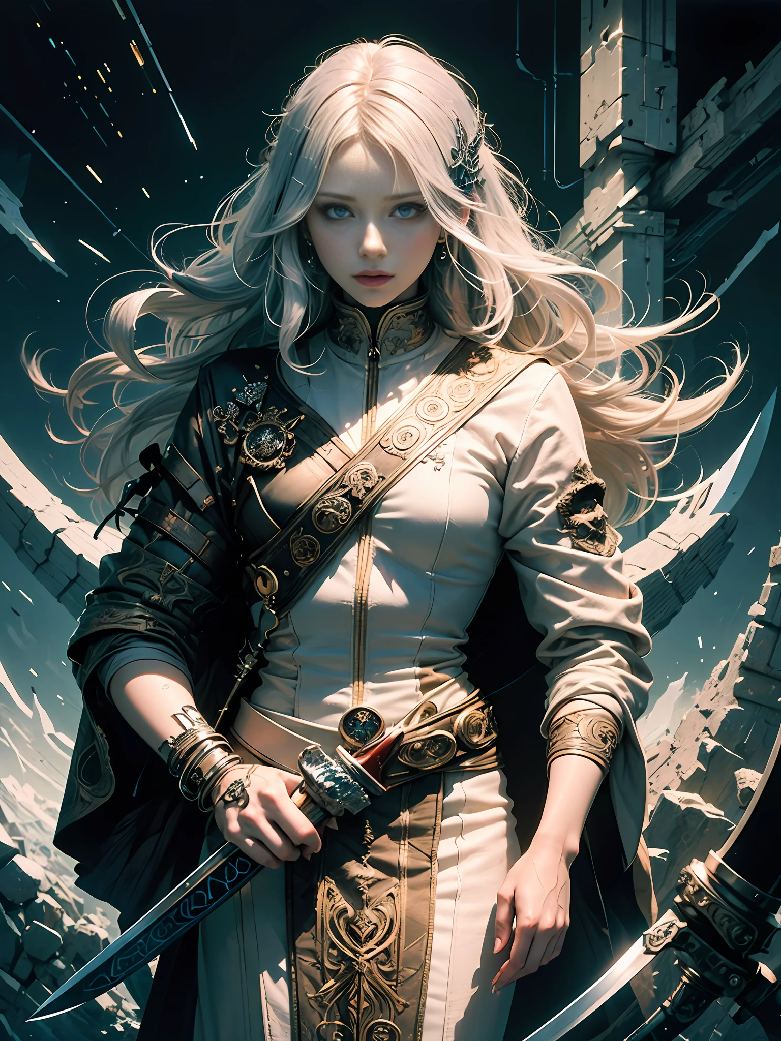 offical art、Unity 8k Wallpapers、Ultra-detail、Beautifully Aesthetic、masterwork、best qualiy、(Zentangle、mandala、entangled、entangled)、(Fractal Art:1.3)、((Silver-haired and red-eyed albino young male prince with glowing black sword with runes lined up on the blade))、Vivaldi、Botticelli、extremely detailed、Dynamic angles、Cowboy Shots、The most beautiful forms chaos、elegant、Brutalist design、Vibrant colors、romanticism、James Jean、roby dwi antono、ross tran、Francis Bacon、Michal Muratz、Adrian Guyney、petra cortright、Gerhard Richter、Takato Yamamoto、Ashley Wood、atmosphere、??????? notes、Streaming notes are displayed --auto