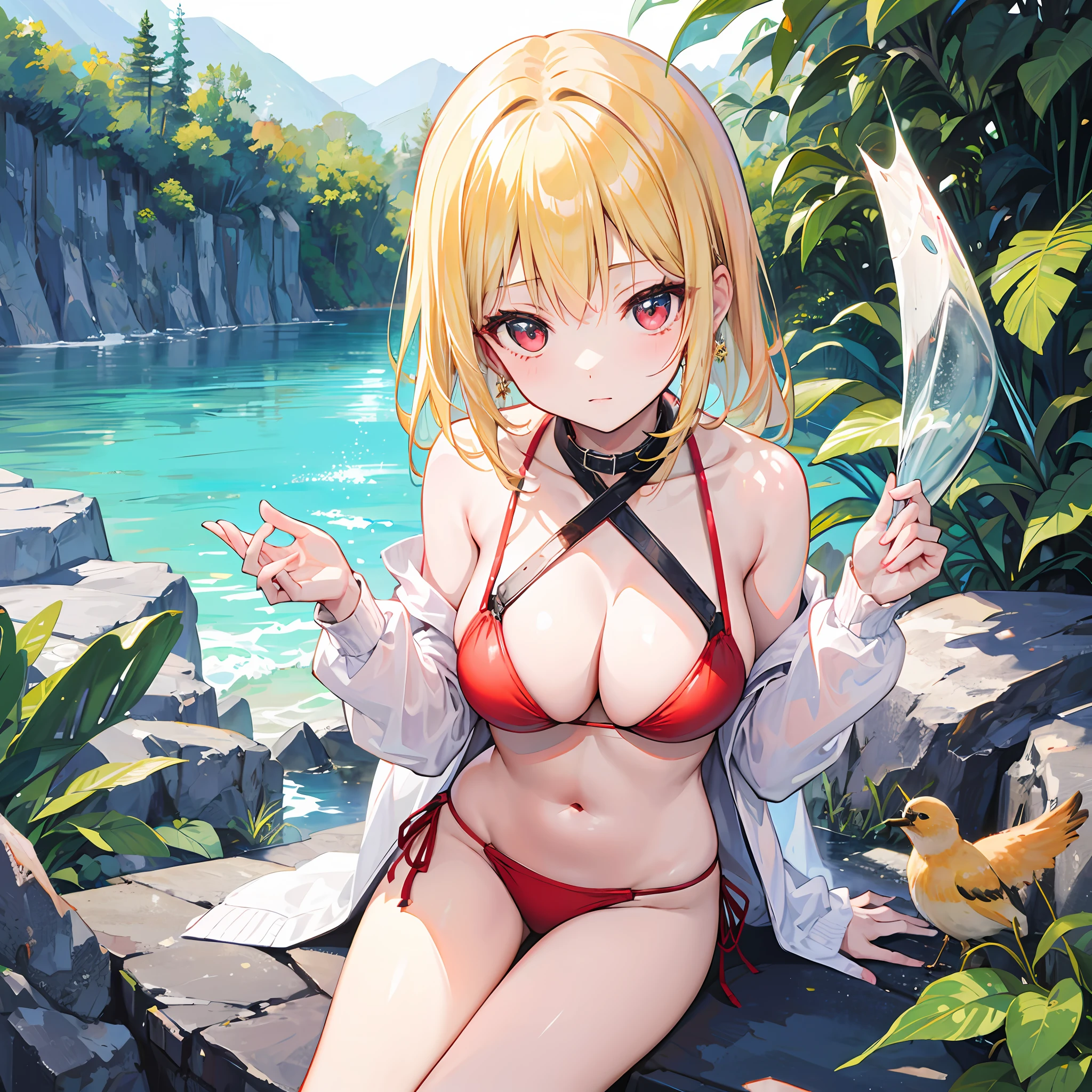 One blonde girl、red-eyed、bikinis、