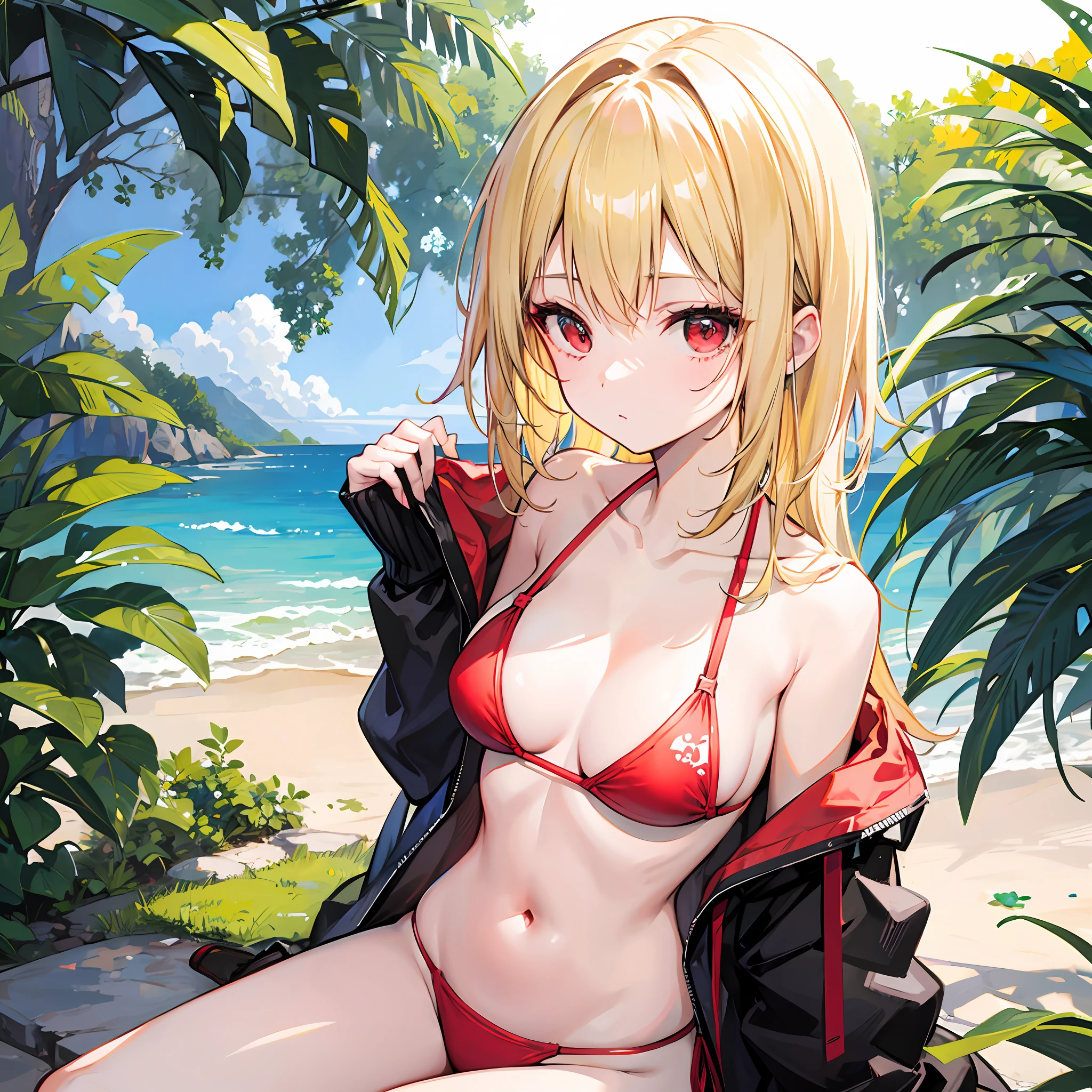One blonde girl、red-eyed、bikinis、