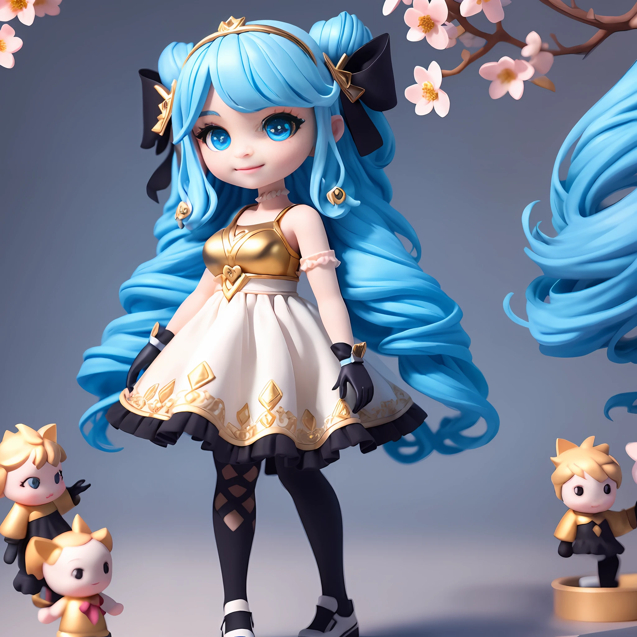 1girls, Black bow, Black gloves, black legwear, Blue eyes, Blue hair, clarkbone, dress, Drill hair, Frilled dress, frils, mitts, Gwen\(league of legend), Gwen's big scissors，hairornaments，high resolutions，League legendary，slong hair，Split lips，puff sleeves，Pink pupils，smiled，独奏，White dress，x，x hair accessories，Gigantic big tits，inside room，semi naked，Delicate hair，Arm carving，Blue hair，blossoms，Delicate shoes，Depiction of facial features，Delicate facial features，Eye portrayal，Delicate hair，Popmart blind box，Clay texture，the golden ratio，Black and white background，NaturalLighting，the best qualityt，ultra-details，3D art，C4D, OC renderer, 3d render, 8K，Various actions，Blushlush，Q version，（Big-headed doll:2），midget，Round toot