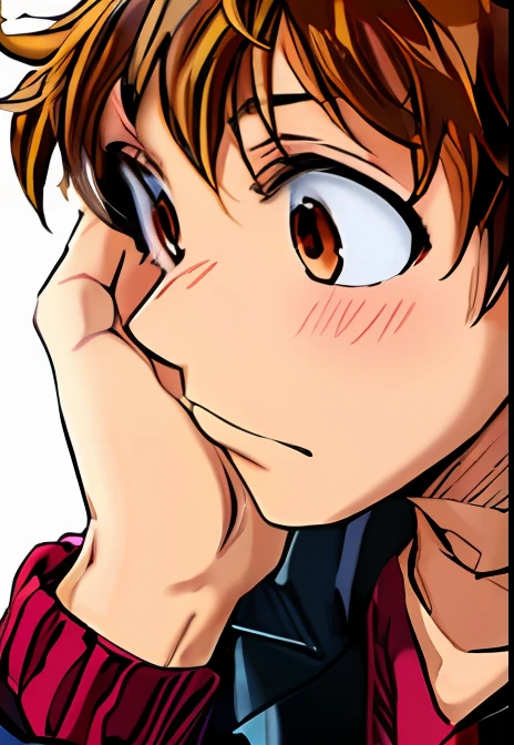 anime boy with brown, 1boy, male focus, black jacket, short hair, solo, daydream, text bubble speech, color manga, manga color, color manga, color manga panel, simple background, a white background