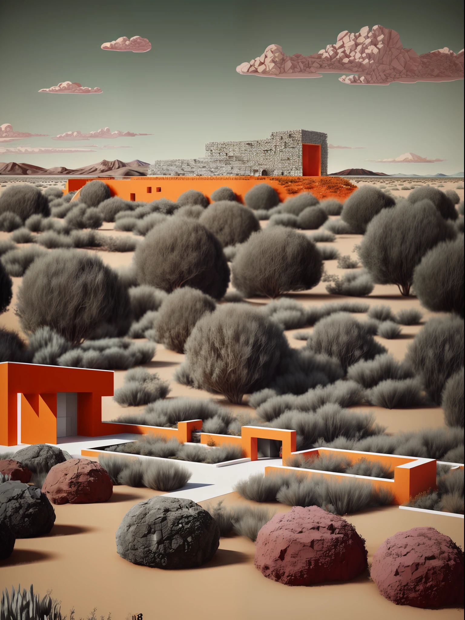 ((masterpiece, best quality)),illustration,ultra detailed 8k. (((An illustration of a build designed by Luis Barragán))), with a desertic vegetation garden, big rocks, lake,volcano in horizon, smooth clouds, (((illustration collage format))), M. C. Escher's art style, (((multiple sections))), (orange, blue, olive green, grey, black and white)