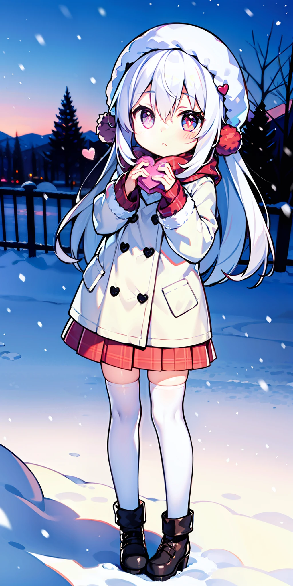 Loli, long hair, cute, heart-shaped pupils, solo, white hair, blush, winter, snow, outdoors, white stockings, standing