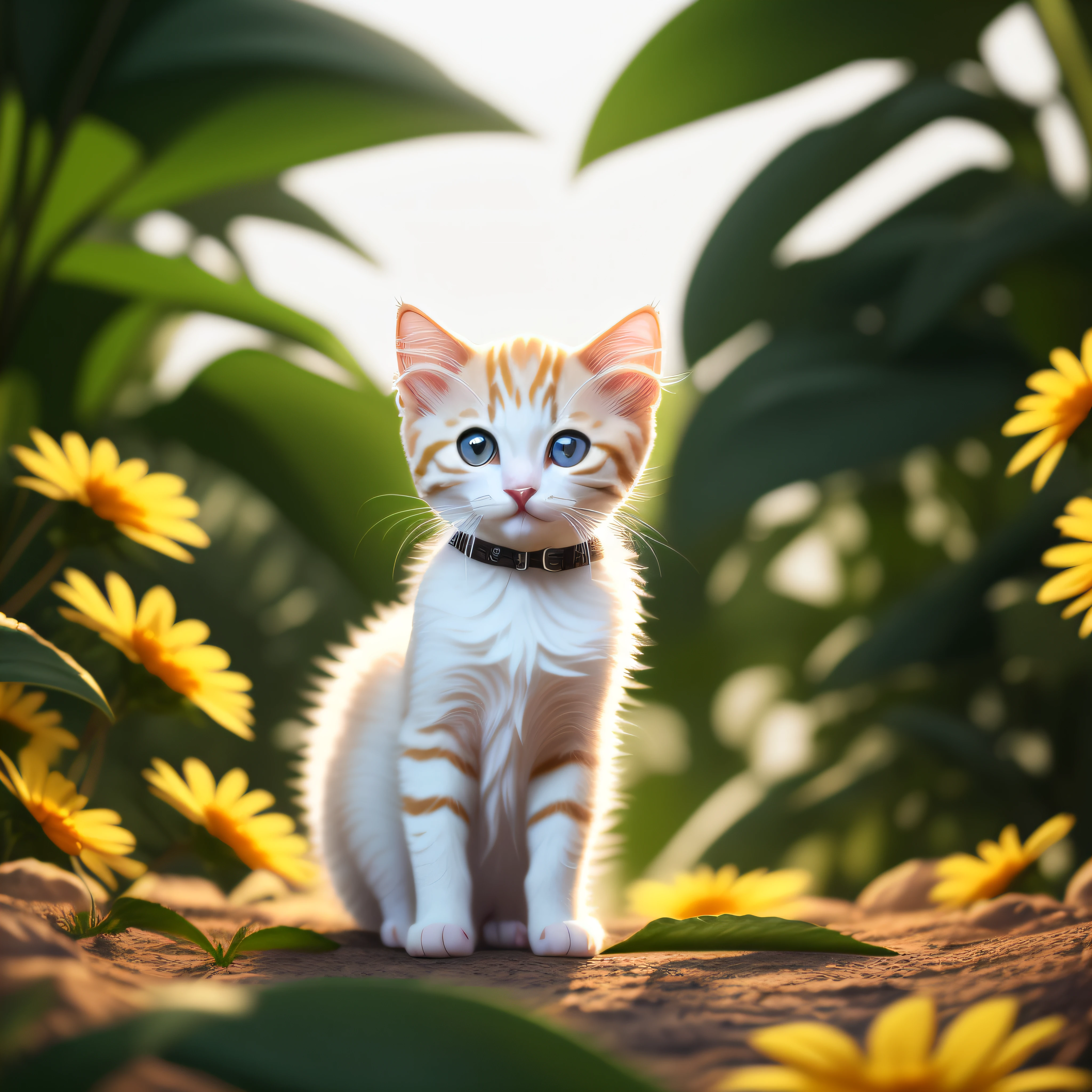 Very cute furry white tropical punk kitten,large eyes,fresh flowers,Flowers,full - body,,Professional light,Depth of field 8K,Golden Magic Hour,professional photography,octane render aesethic,Ultra realistic - amazing sunlight,Dynamic composition,cinematography,Sharp focus,Background bokeh,Has a wide variety of different expressions,Anthropomorphic style,Disney style, Black strokes,Different emotions,Multiple positions and expressions.8k -ar 3:4 --style cute --niii 5(Fixed parameters) Doing different things --auto