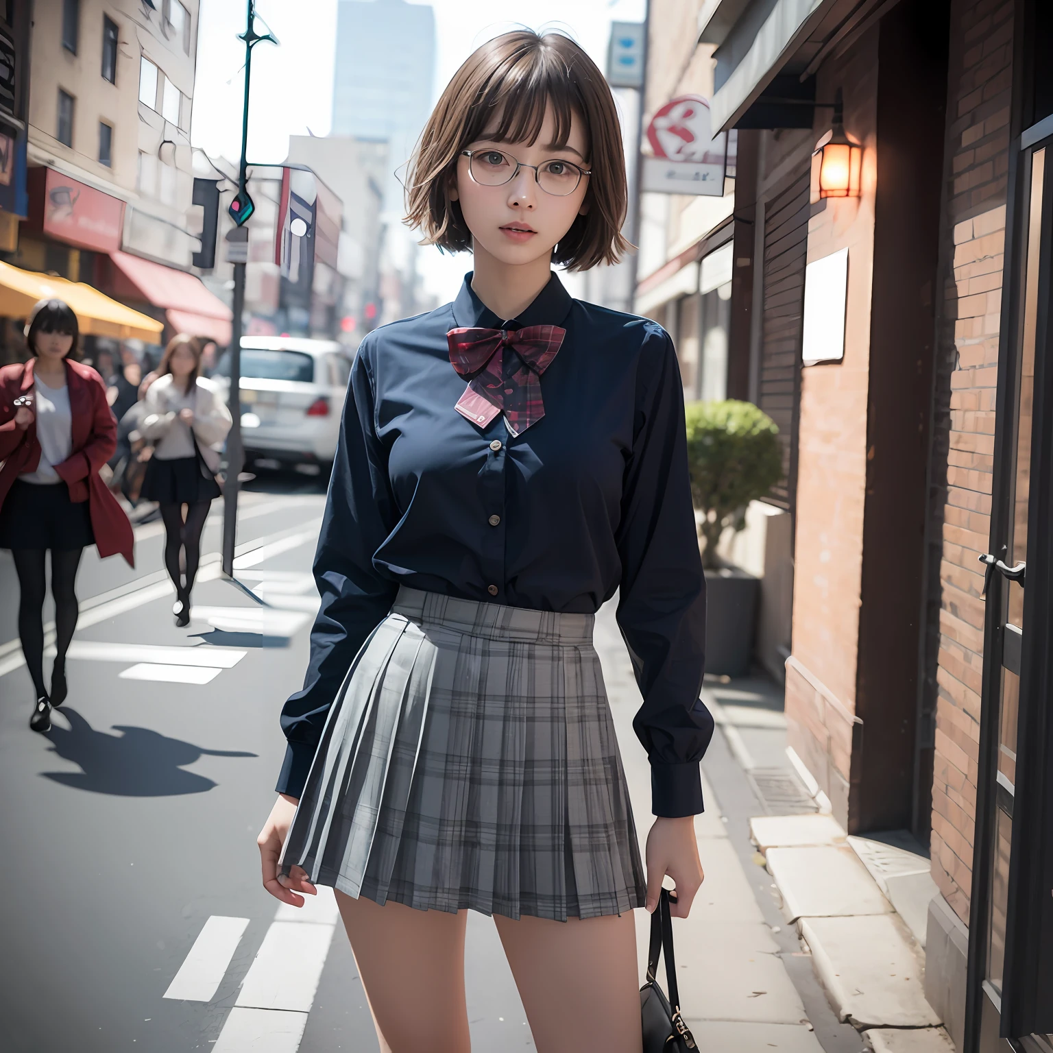 (8K、RAW Photography、best qualiy、masterwork:1.2),shorter hair,One person, 独奏,eyewear,,Dark look,Small breasts,full - body,Round glasses、a Pretty、Japanese female,standing a,Hard-eyed,Skinny,Rasping,anger,small tits,flat breasts(Realistic、photorealestic:1.37)、best qualiy、extra high resolution、Photon Mapping、、Light blue ribbon realistic、Cute little face,short hair ponytail,brown eyess、Black socks、Red bow tie、radiocity、Physically Based Rendering、Blurred、foreground、Depth-of-field、Blurry background、photos_\(During)、Motion Blur、The girls、(Full)Body), long legs, Thin leg, Medium hair, Bangs, (Bangs are visible), Hair_ornament, s lips, Blue_eyes on, nosesoft, Light blue shirt, Navy blue and white plaid pleated skirt, Sheer clothing, Black loafers, Thigh, Black cotton socks,