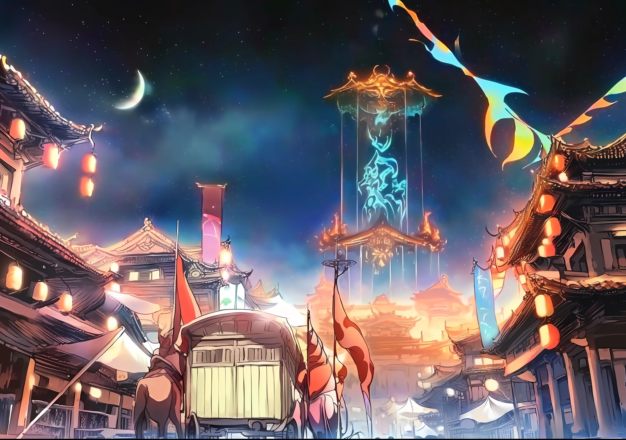 Anime scenes of streets with horse-drawn carriages and buildings, colorful kitsune city, colorful anime movie background, Best anime 4k konachan wallpaper, Onmyoji detailed art, anime land of the lustrous, traditional japanese concept art, anime art nouveau cosmic display, summer festival night, anime style cityscape, Anime fantasy artwork, anime”, “ anime, Complete - View house details The lines are smooth and obvious