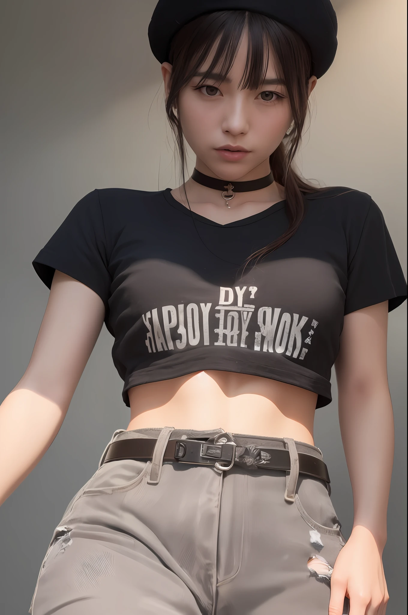 apinkhayoung, urban, streets, (day:1.1), RAW,(8k, best quality, masterpiece:1.2),(intricate details:1.4),(photorealistic:1.4),octane render, complex 3d render ultra detailed, studio soft light, rim light, vibrant details, ultra detailed, realistic skin texture, detailed face, beautiful detailed eyes, extremely detailed CG unity 8k wallpaper, makeup, (detailed background:1.2), (cowboy shot:1.2),(perfect anatomy:1.2),(wide hip:1.1),(black t-shirt, pants, choker, beret:1.2),
